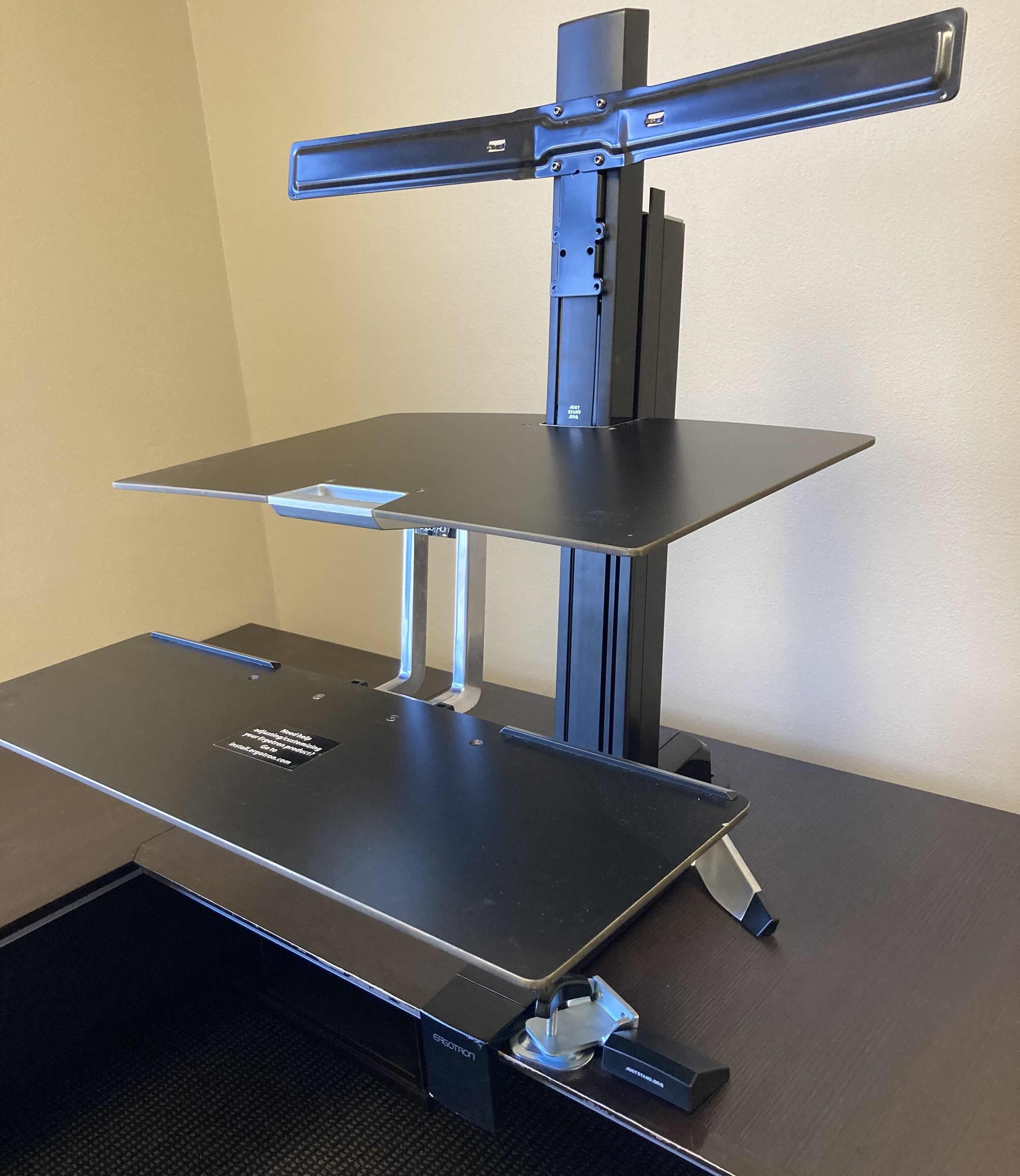 Photo 1 of ERGOTRON WORKFIT COMPUTER DUAL MONITOR DESK MOUNTED STAND 29” X 27” H36”