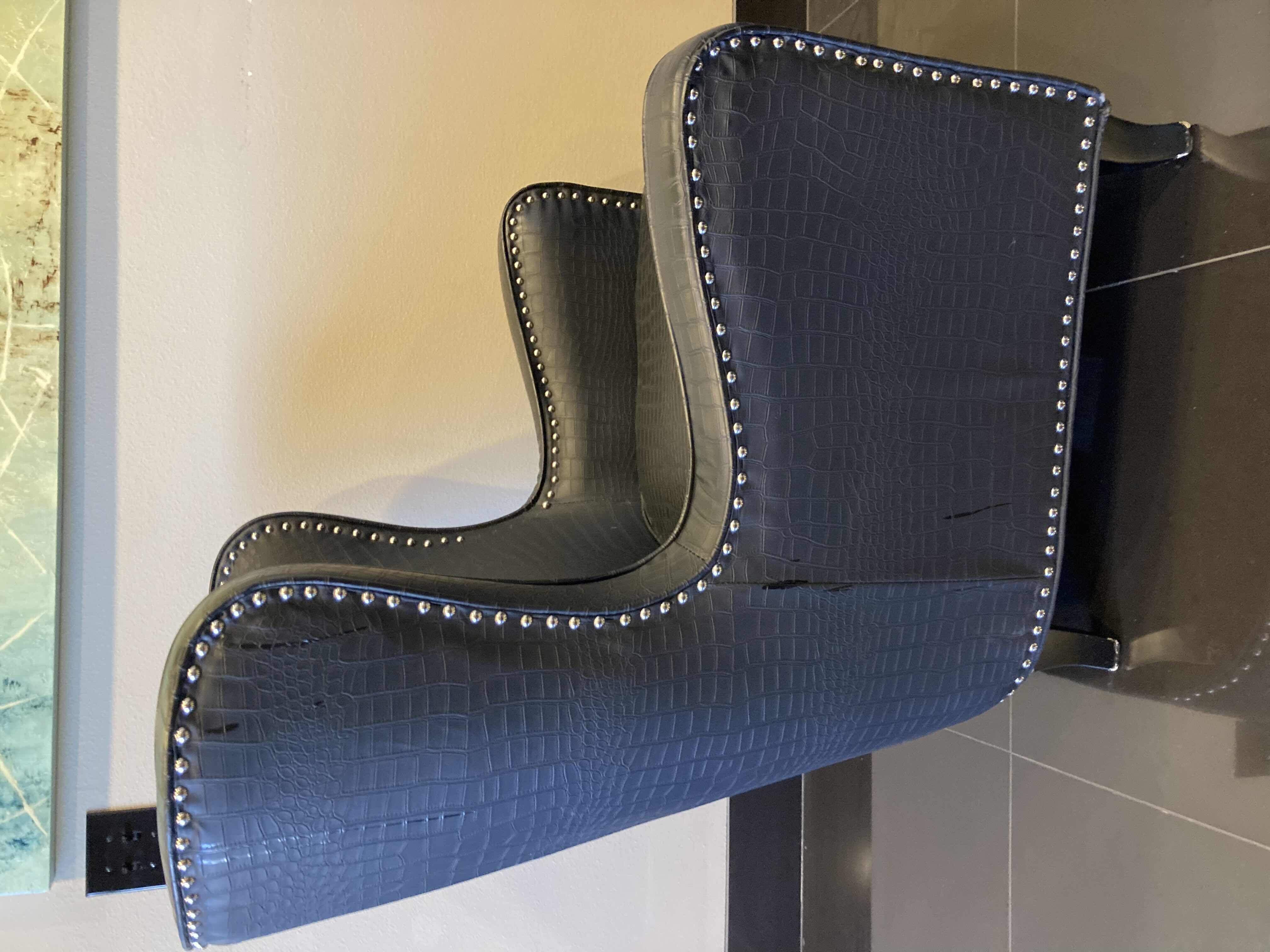 Photo 5 of ANJIAILIDA FURNITURE FACTORY BLACK LEATHER ALLIGATOR FINISH WINGBACK CHAIR 32” X 30” H40”