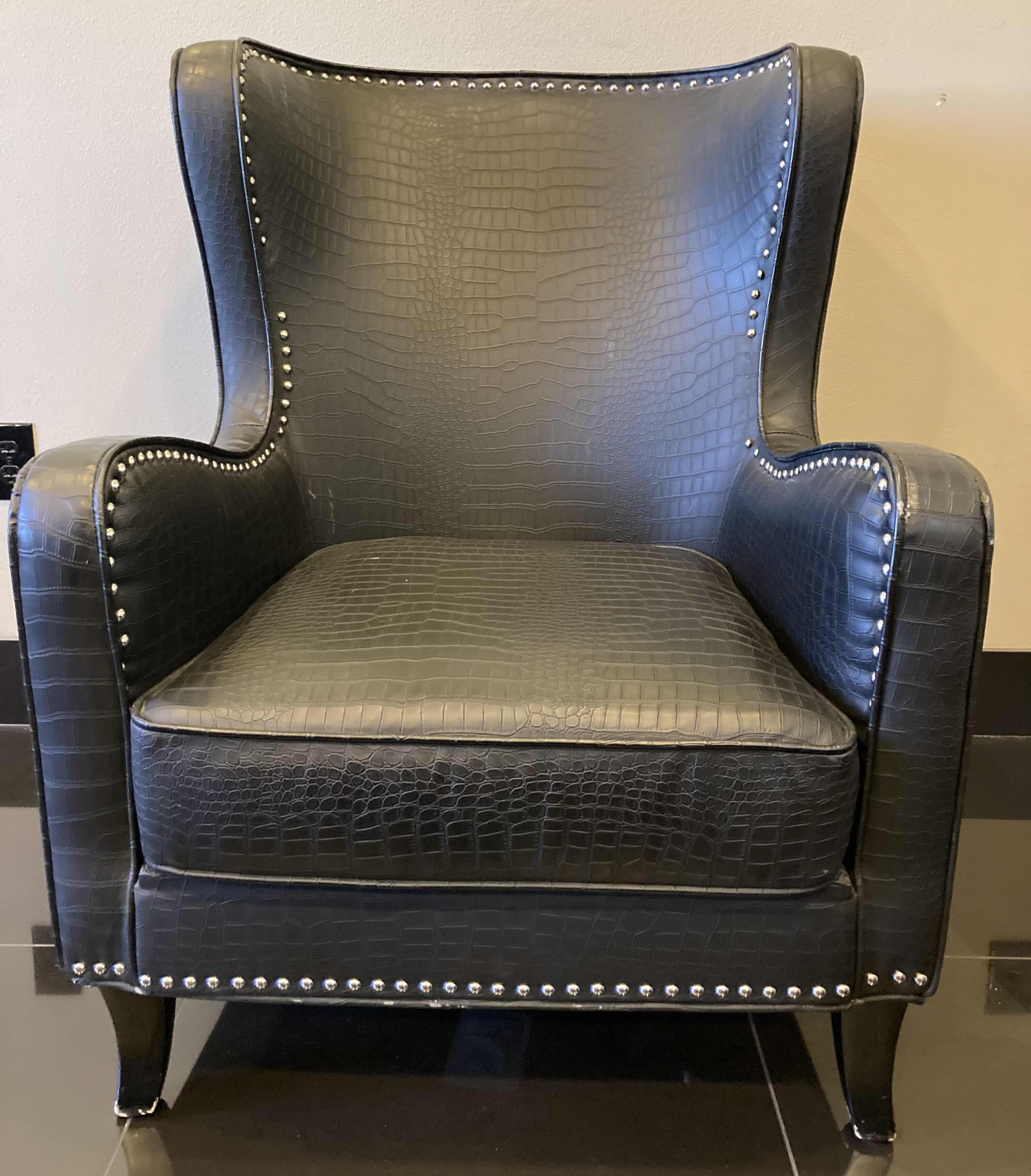 Photo 1 of ANJIAILIDA FURNITURE FACTORY BLACK LEATHER ALLIGATOR FINISH WINGBACK CHAIR 32” X 30” H40”