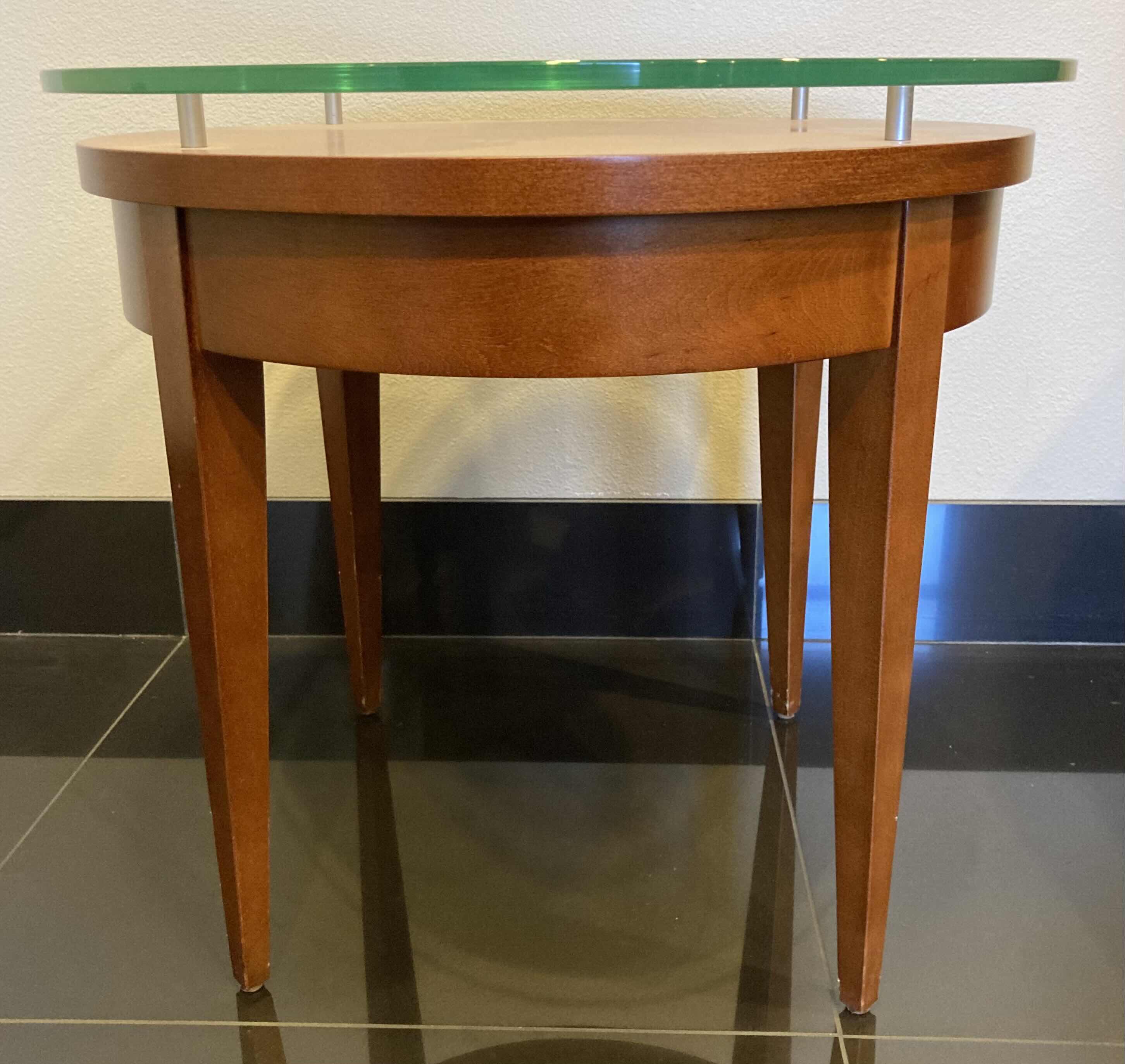 Photo 1 of RAISED GLASS TOP CHERRY FINISH WOOD ACCENT TABLE 24” X H22”