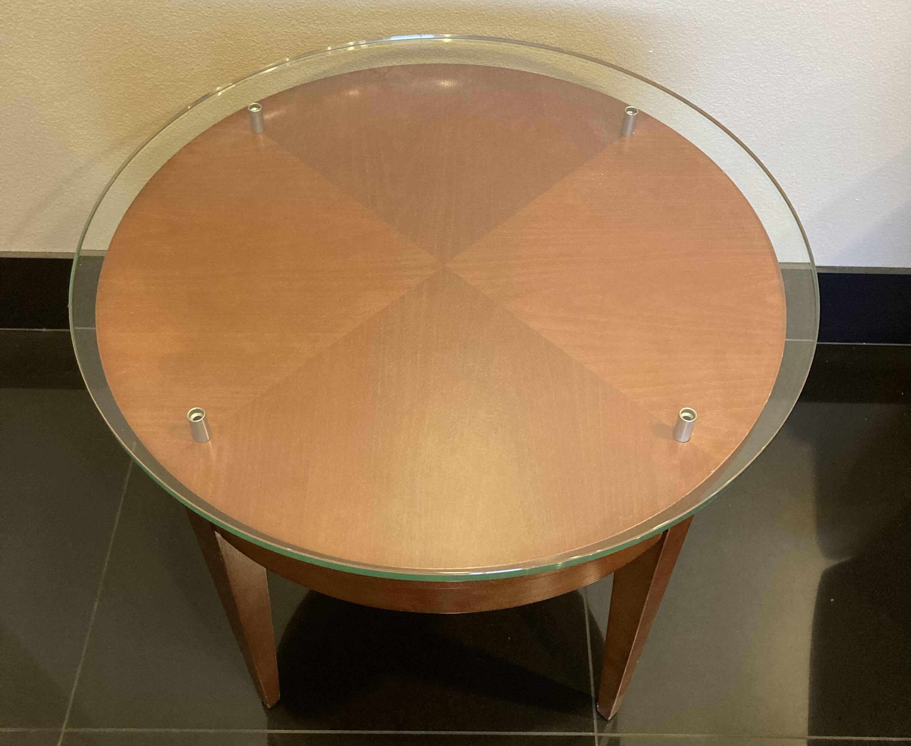 Photo 1 of RAISED GLASS TOP CHERRY FINISH WOOD ACCENT TABLE 24” X H22”