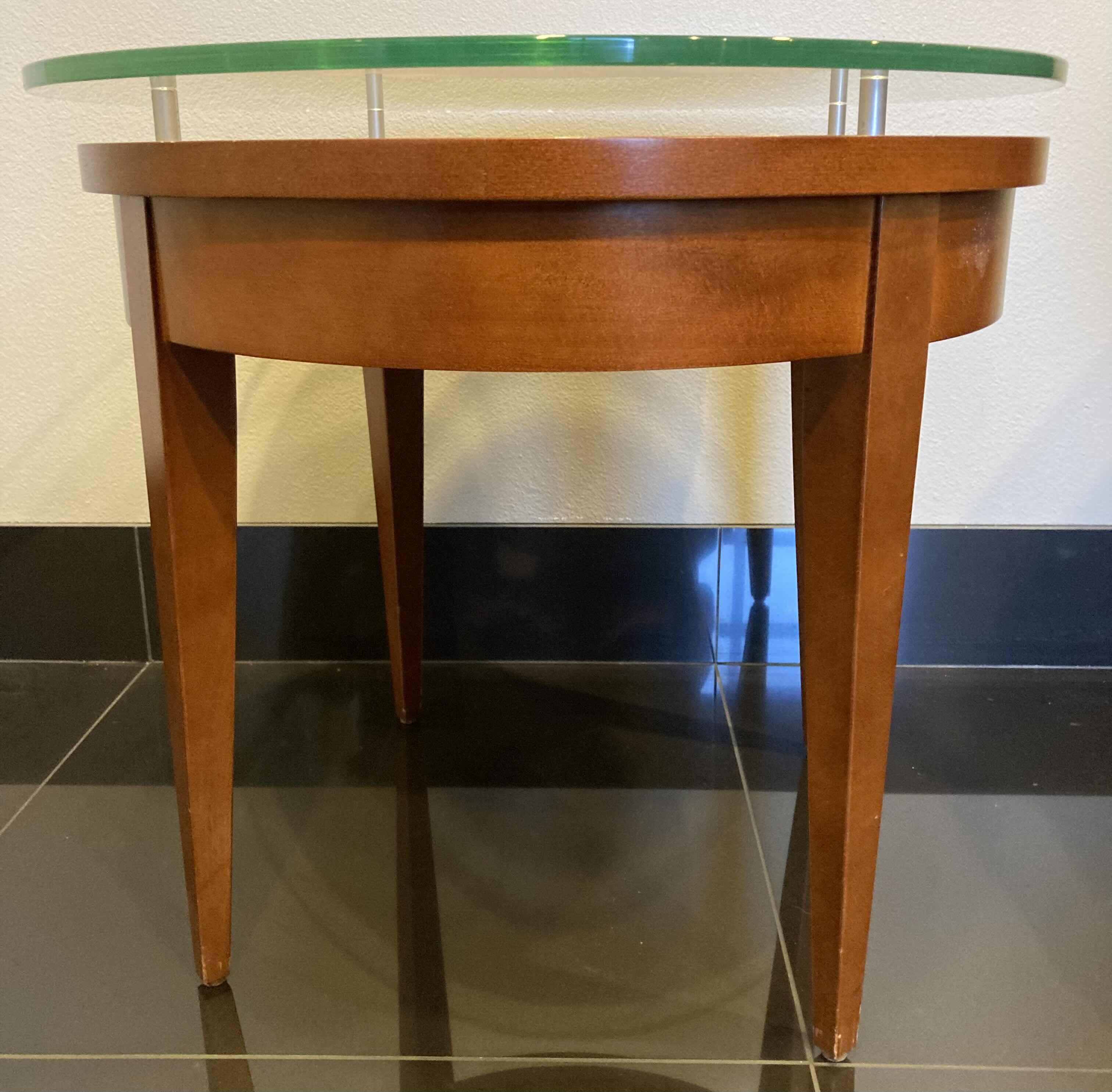 Photo 1 of RAISED GLASS TOP CHERRY FINISH WOOD ACCENT TABLE 24” X H22”