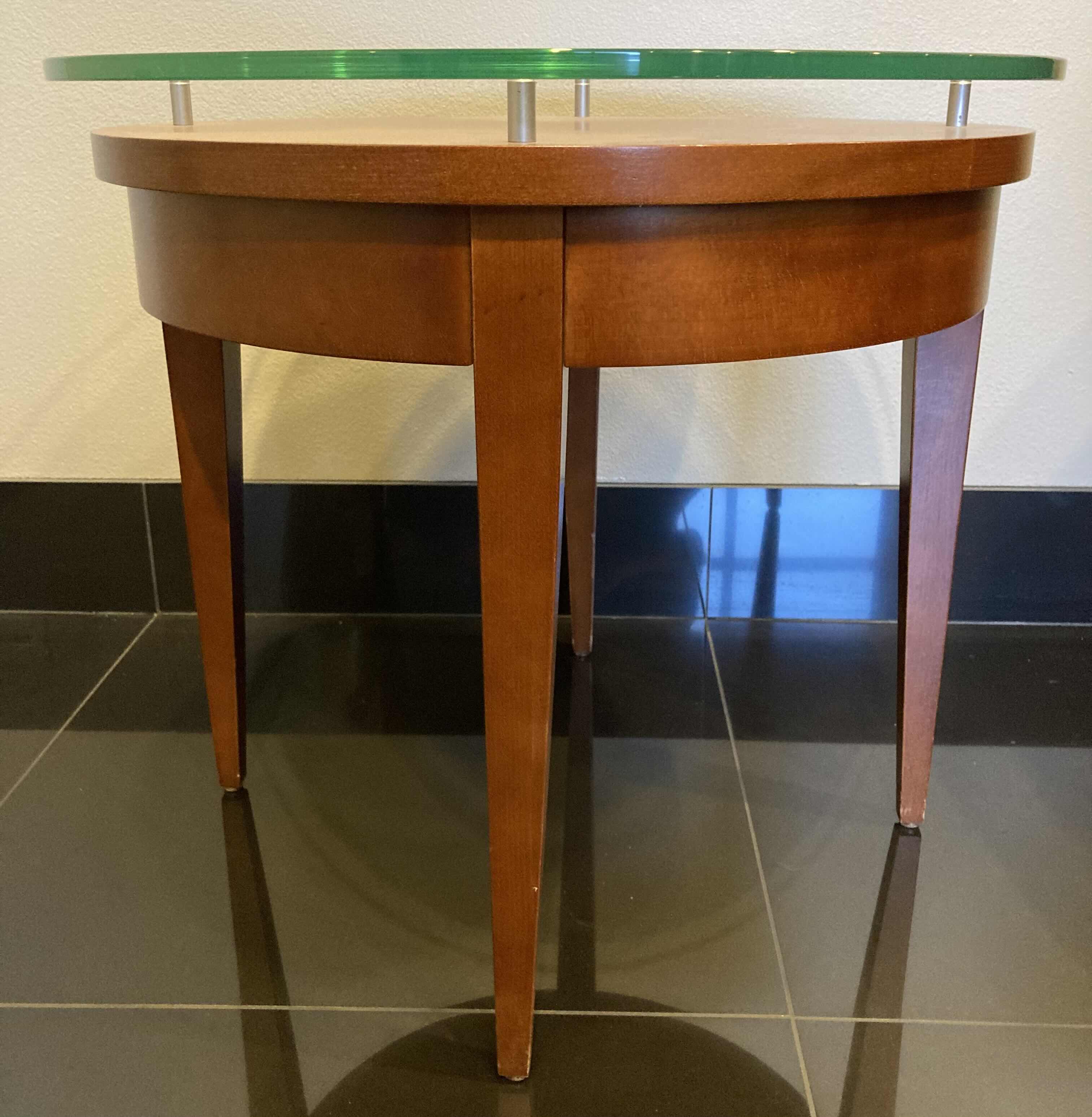 Photo 1 of RAISED GLASS TOP CHERRY FINISH WOOD ACCENT TABLE 24” X H22”