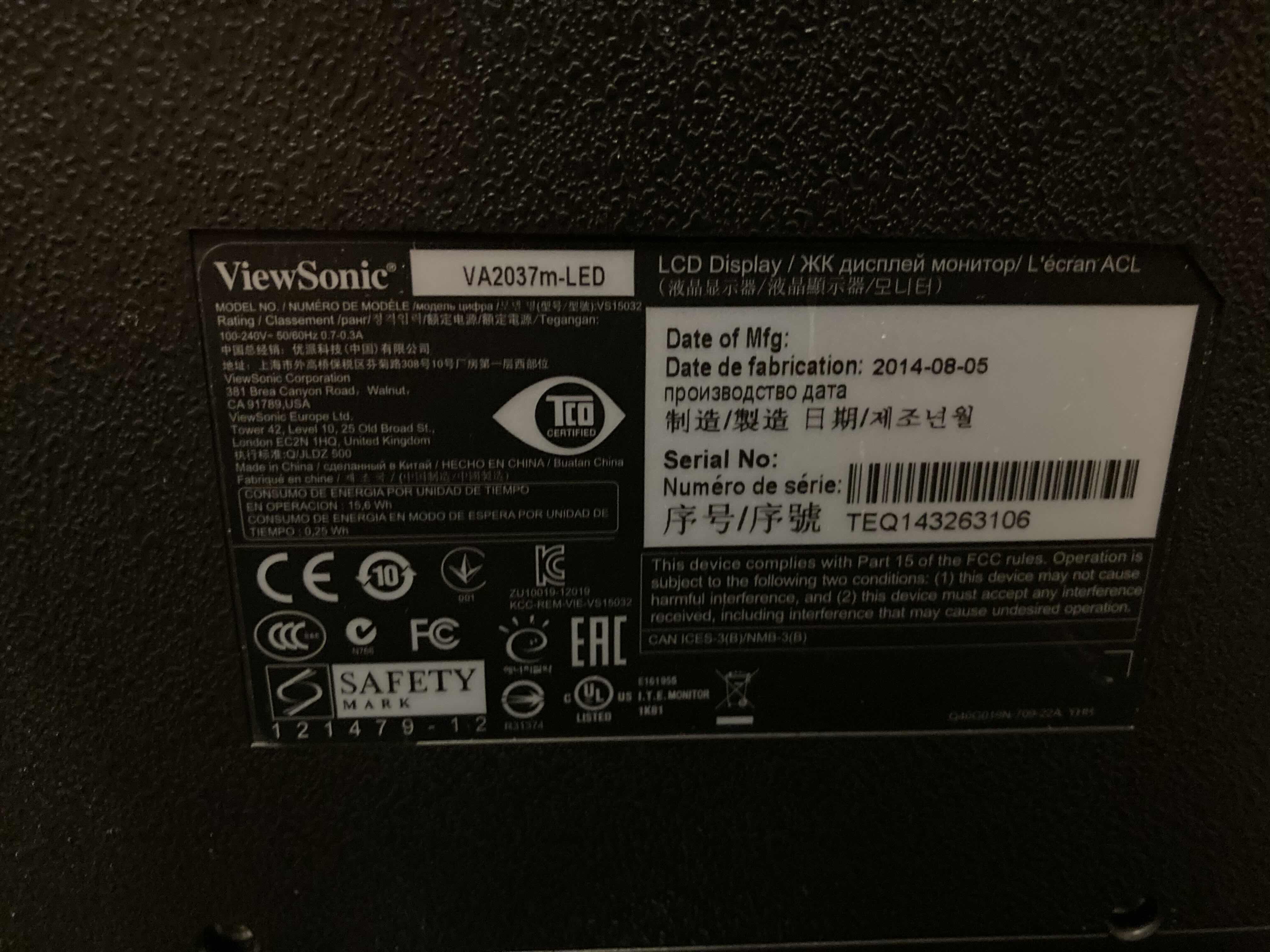 Photo 1 of VIEW SONIC LCD MONITOR MODEL VA2037m-LED