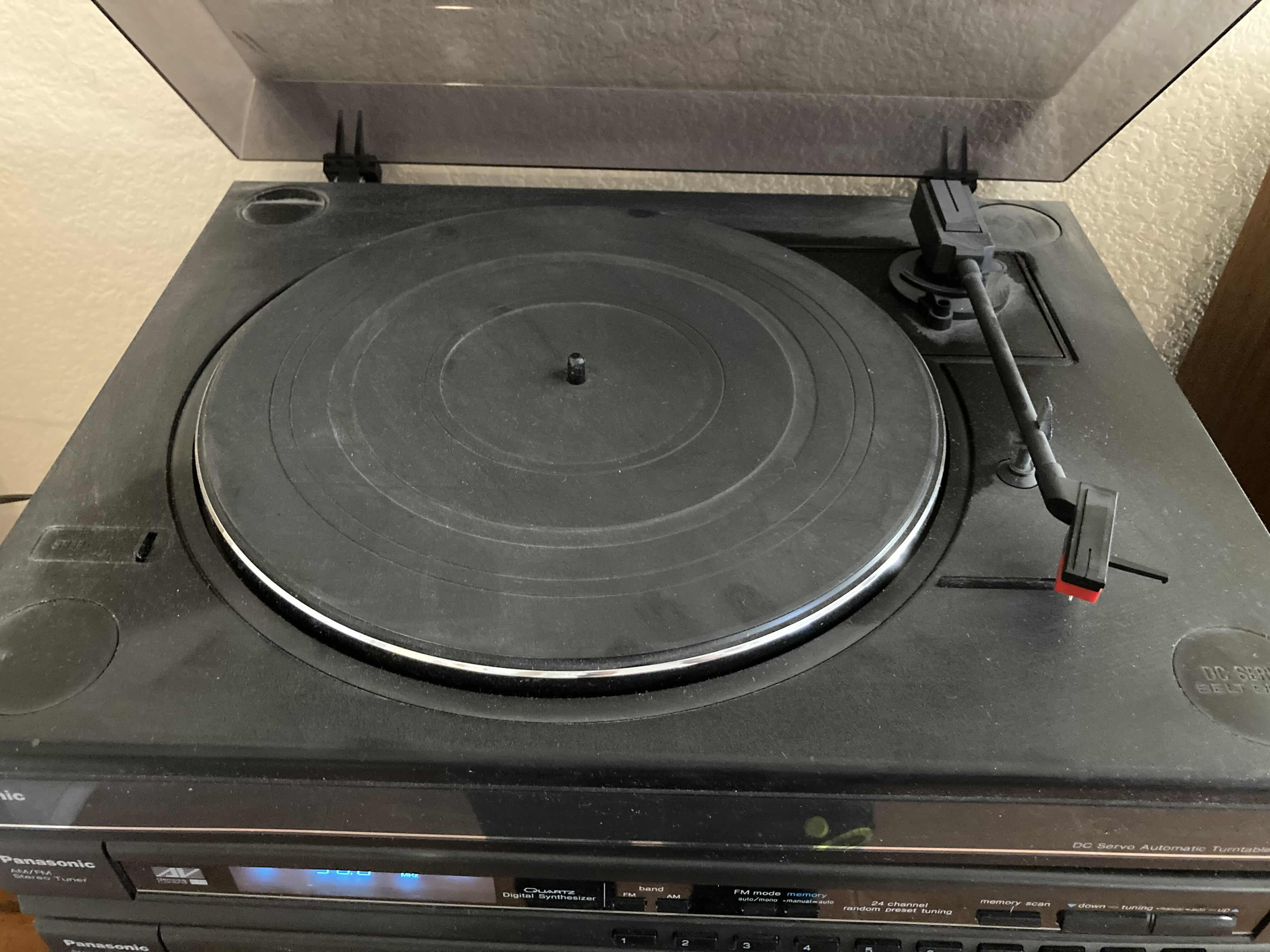 Photo 1 of PANASONIC DC SERVO TURNTABLE, STERO TURNER, CONTROL AMPLIFIER, DOUBLE CASSETTE DECK STERO SYSTEM W A3 SPEAKERS (2) & INFINITY CENTER CHANNEL