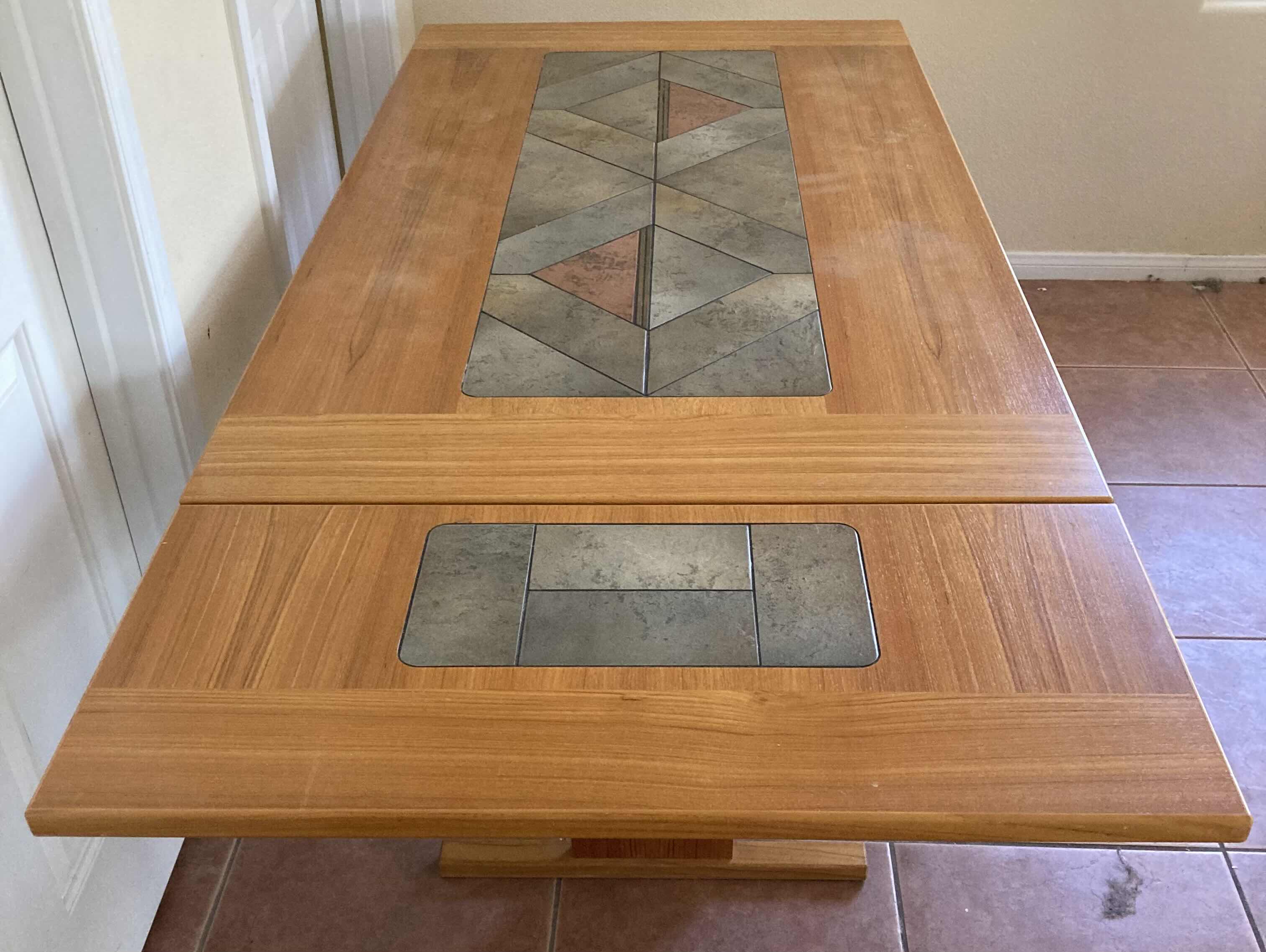 Photo 3 of SOUTHWESTERN STYLE WOOD FINISH DINING TABLE W TILE TOP INLAY 63”-79” X 35.5” H28.5”