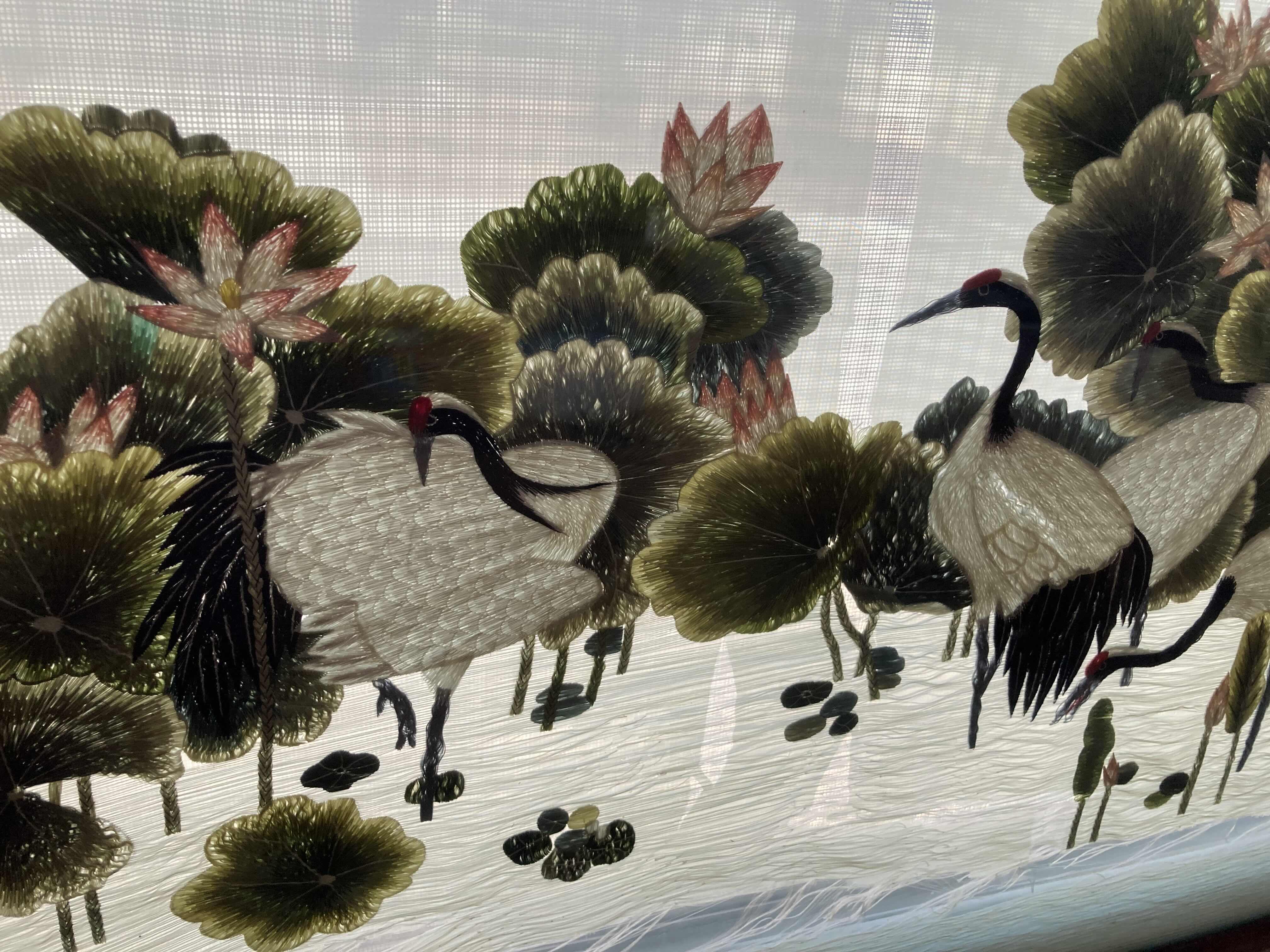 Photo 1 of RED CROWN CRANES FRAMED DOUBLE SIDED SILK WINDOW PANE ARTWORK 24.75” X 17”