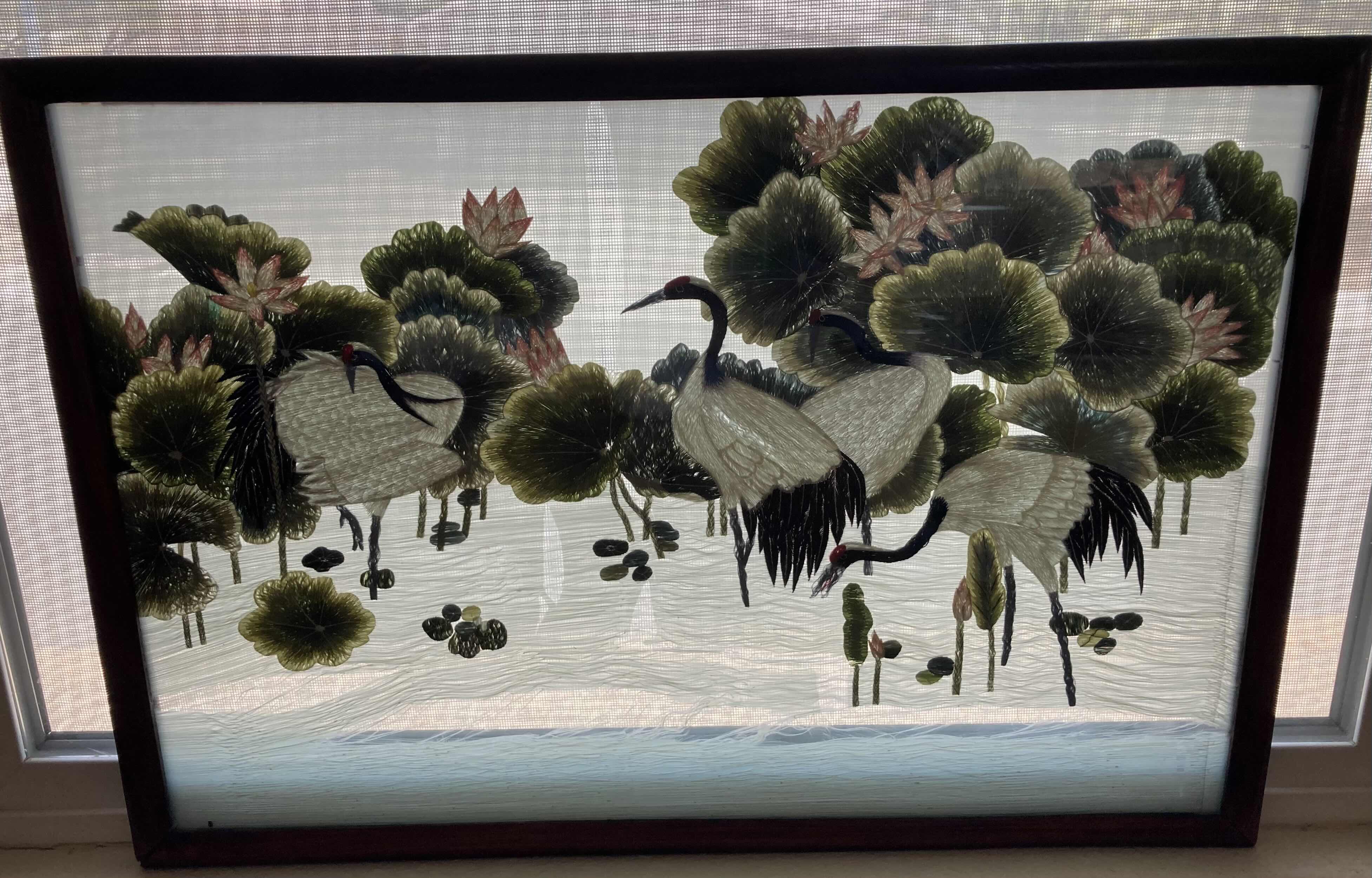 Photo 1 of RED CROWN CRANES FRAMED DOUBLE SIDED SILK WINDOW PANE ARTWORK 24.75” X 17”