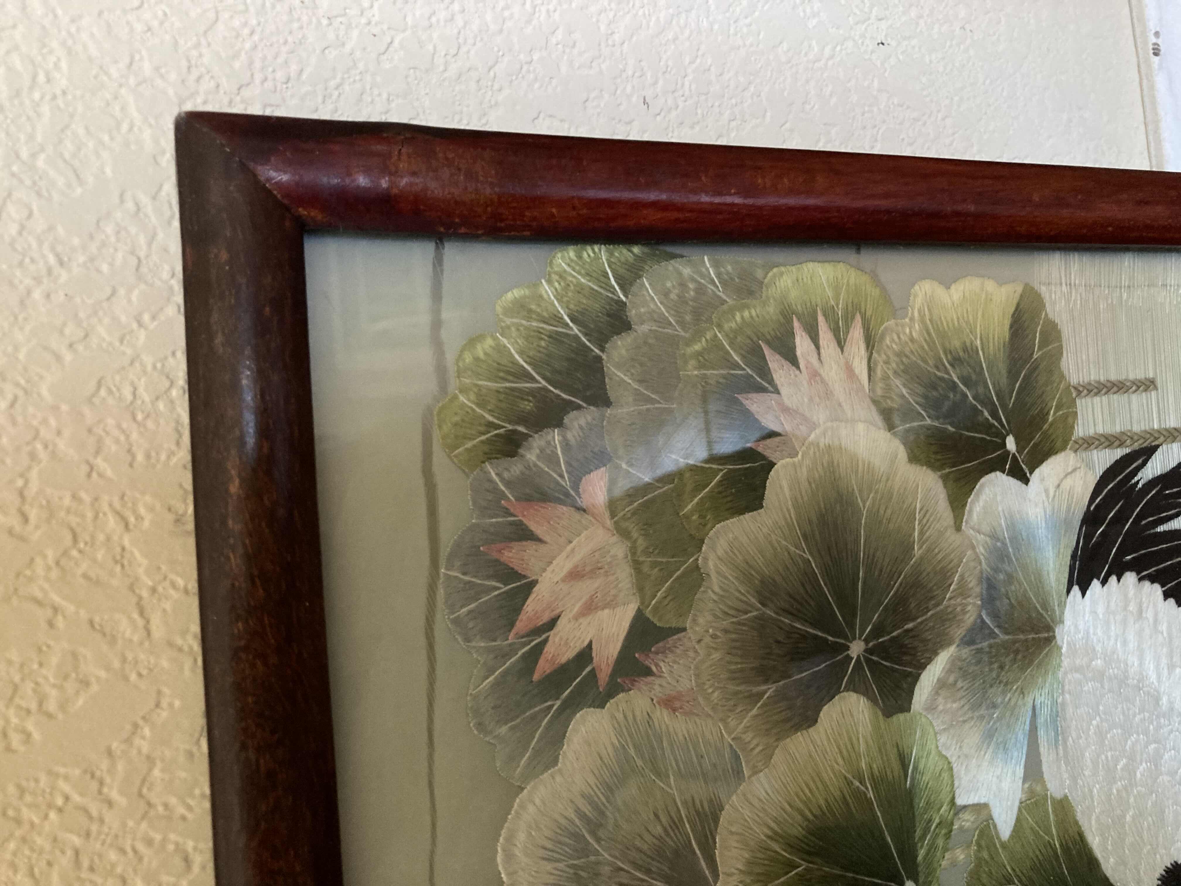 Photo 1 of RED CROWN CRANES FRAMED DOUBLE SIDED SILK WINDOW PANE ARTWORK 24.75” X 17”