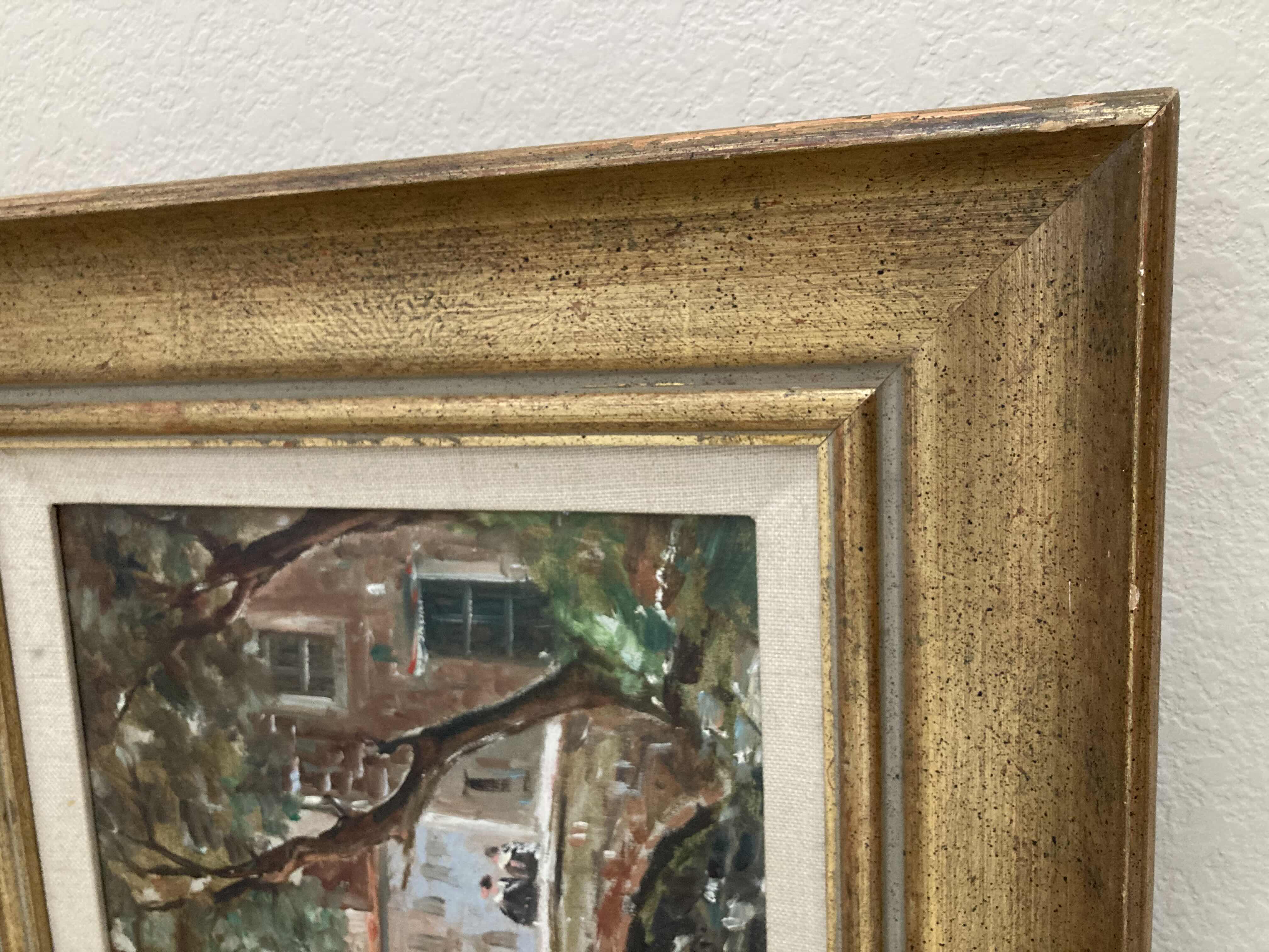 Photo 1 of EARLY CENTURY TOWN OIL PAINTING FRAMED CANVAS ARTWORK SIGNED BY RUCA 21.25” X 17”