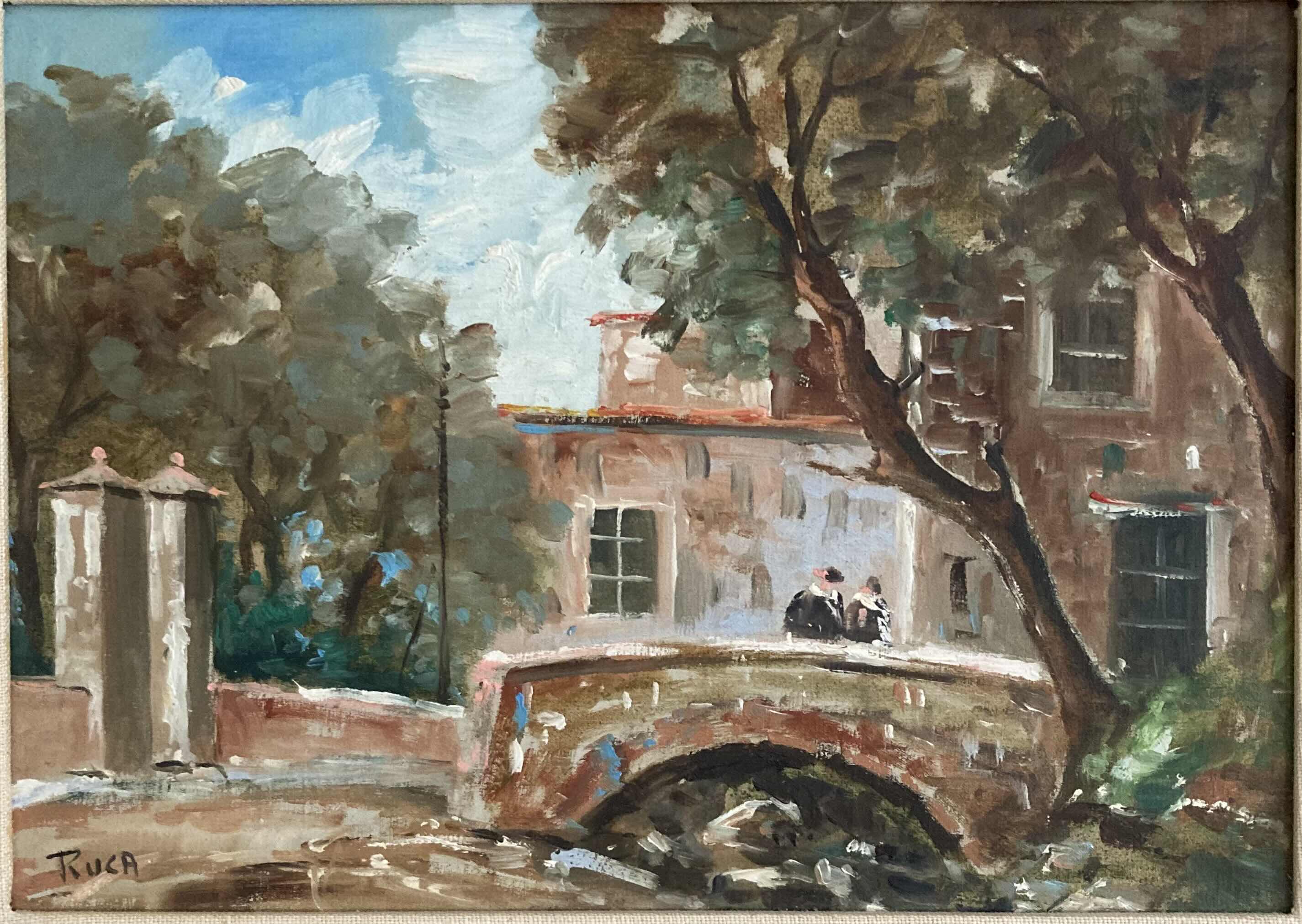 Photo 1 of EARLY CENTURY TOWN OIL PAINTING FRAMED CANVAS ARTWORK SIGNED BY RUCA 21.25” X 17”