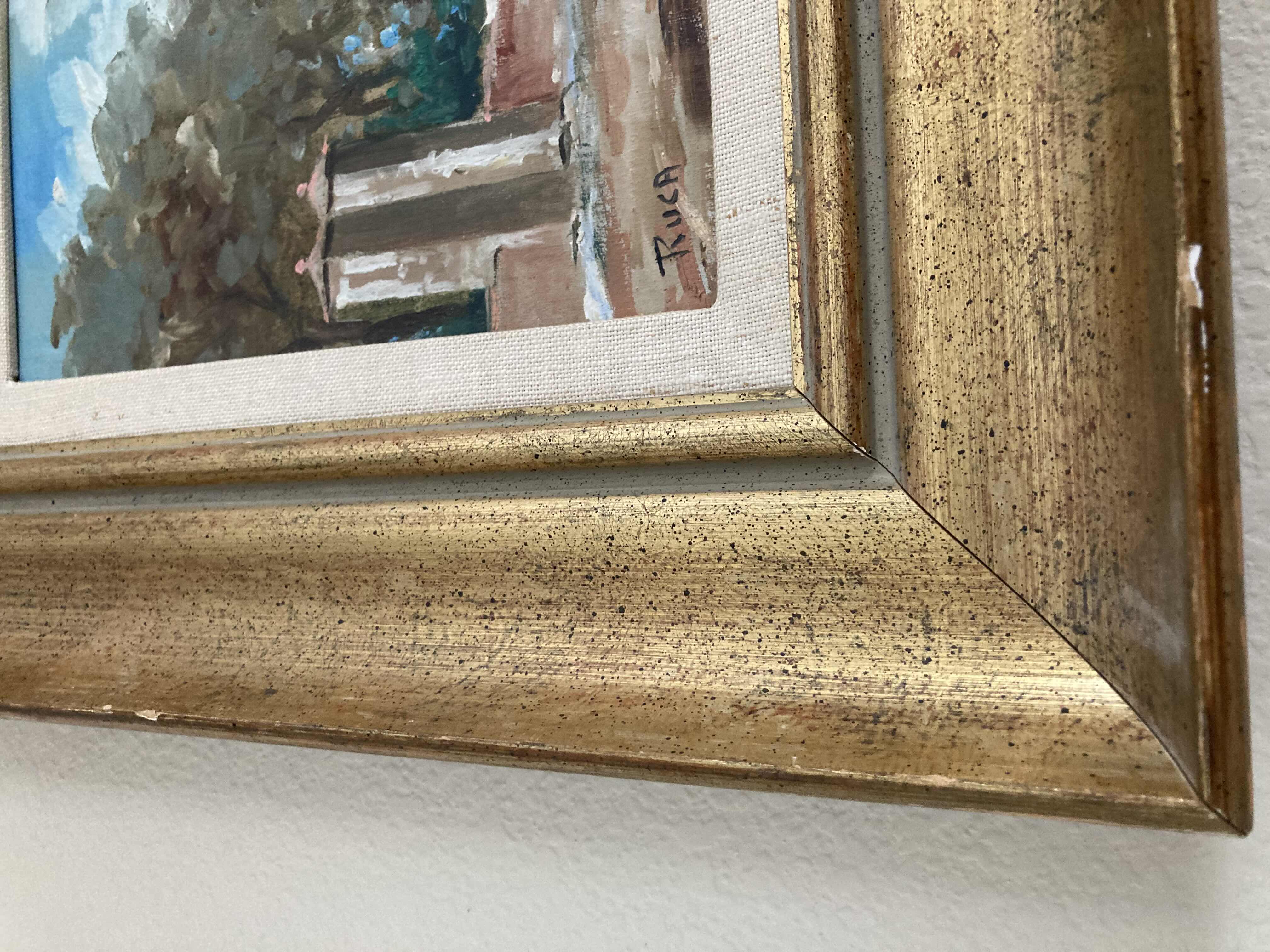 Photo 1 of EARLY CENTURY TOWN OIL PAINTING FRAMED CANVAS ARTWORK SIGNED BY RUCA 21.25” X 17”