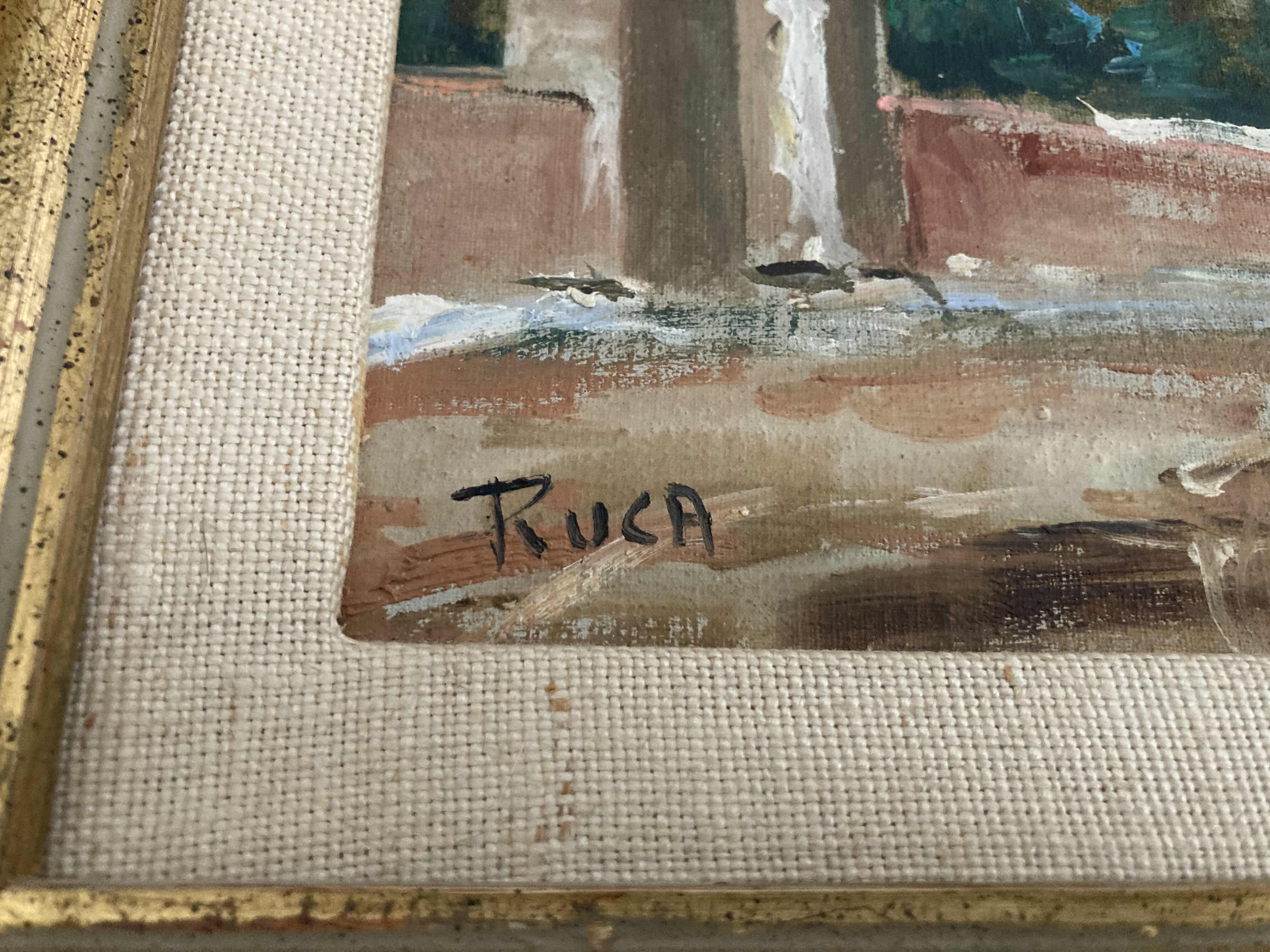 Photo 1 of EARLY CENTURY TOWN OIL PAINTING FRAMED CANVAS ARTWORK SIGNED BY RUCA 21.25” X 17”