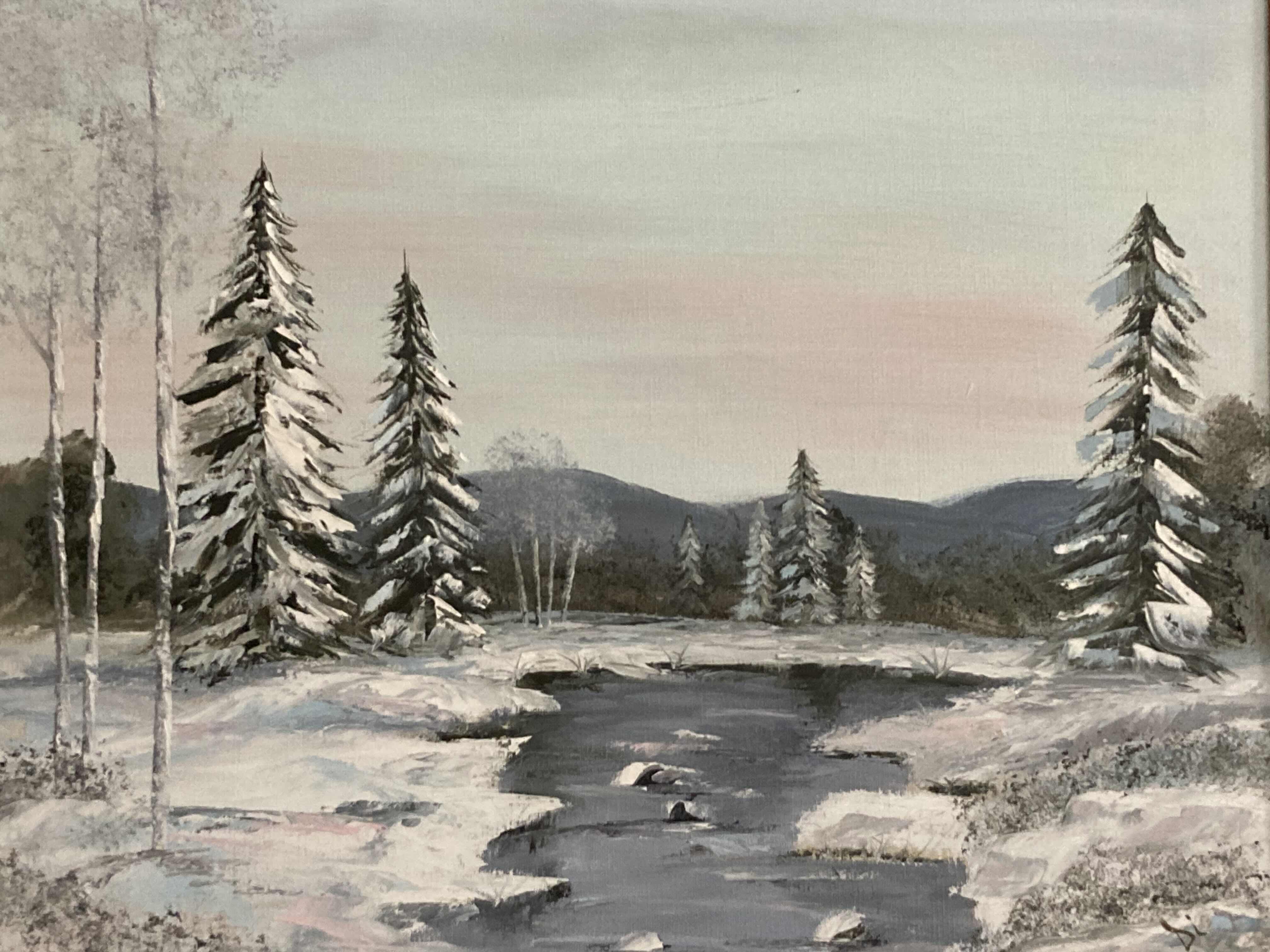 Photo 2 of SNOWY FOREST PAINTED FRAMED CANVAS ARTWORK SIGNED BY ARTIST 22.5” X 18.5”