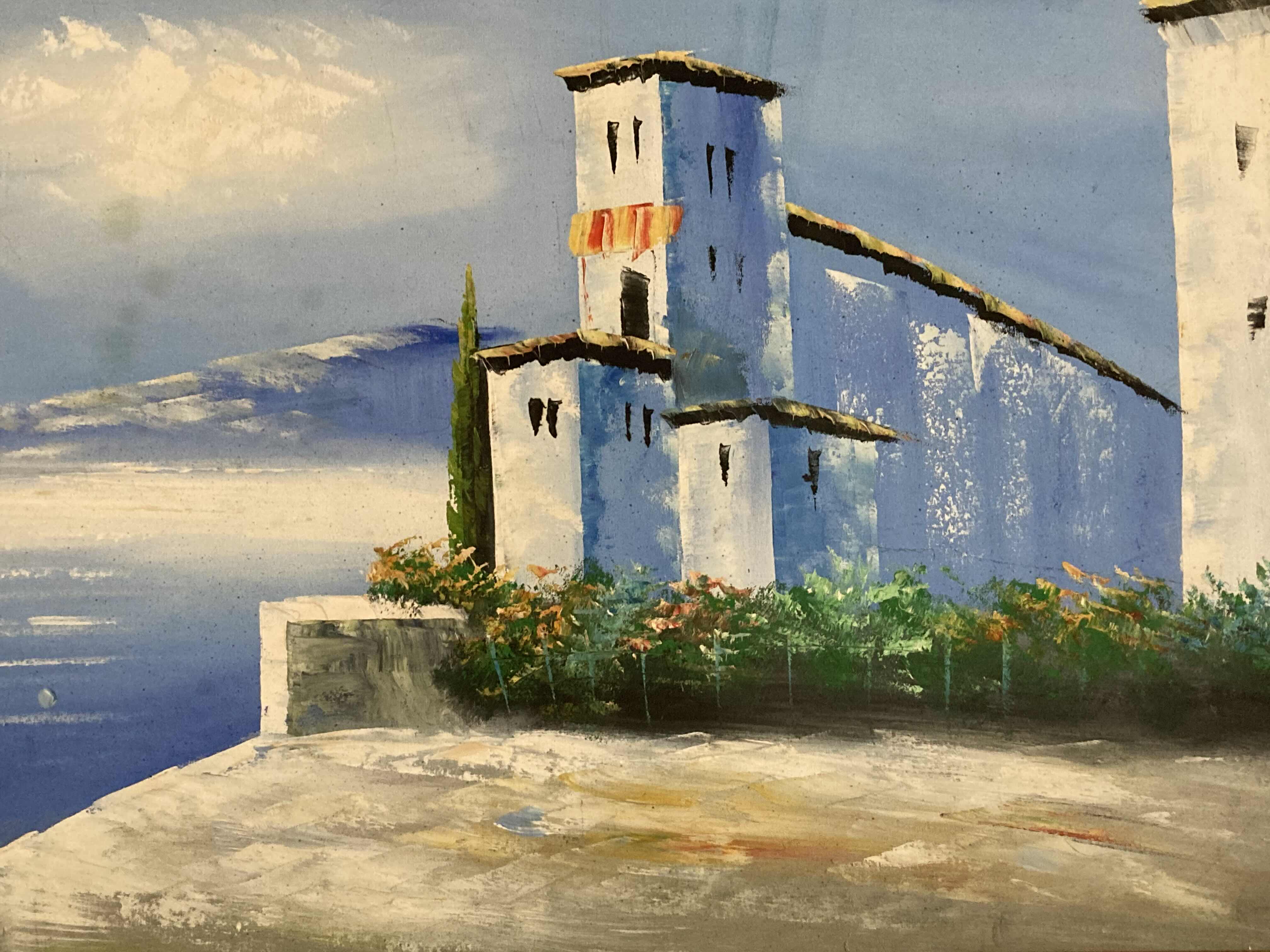 Photo 1 of VILLA ON THE COAST FRAMED CANVAS OIL PAINTING ARTWORK 41” X 29”