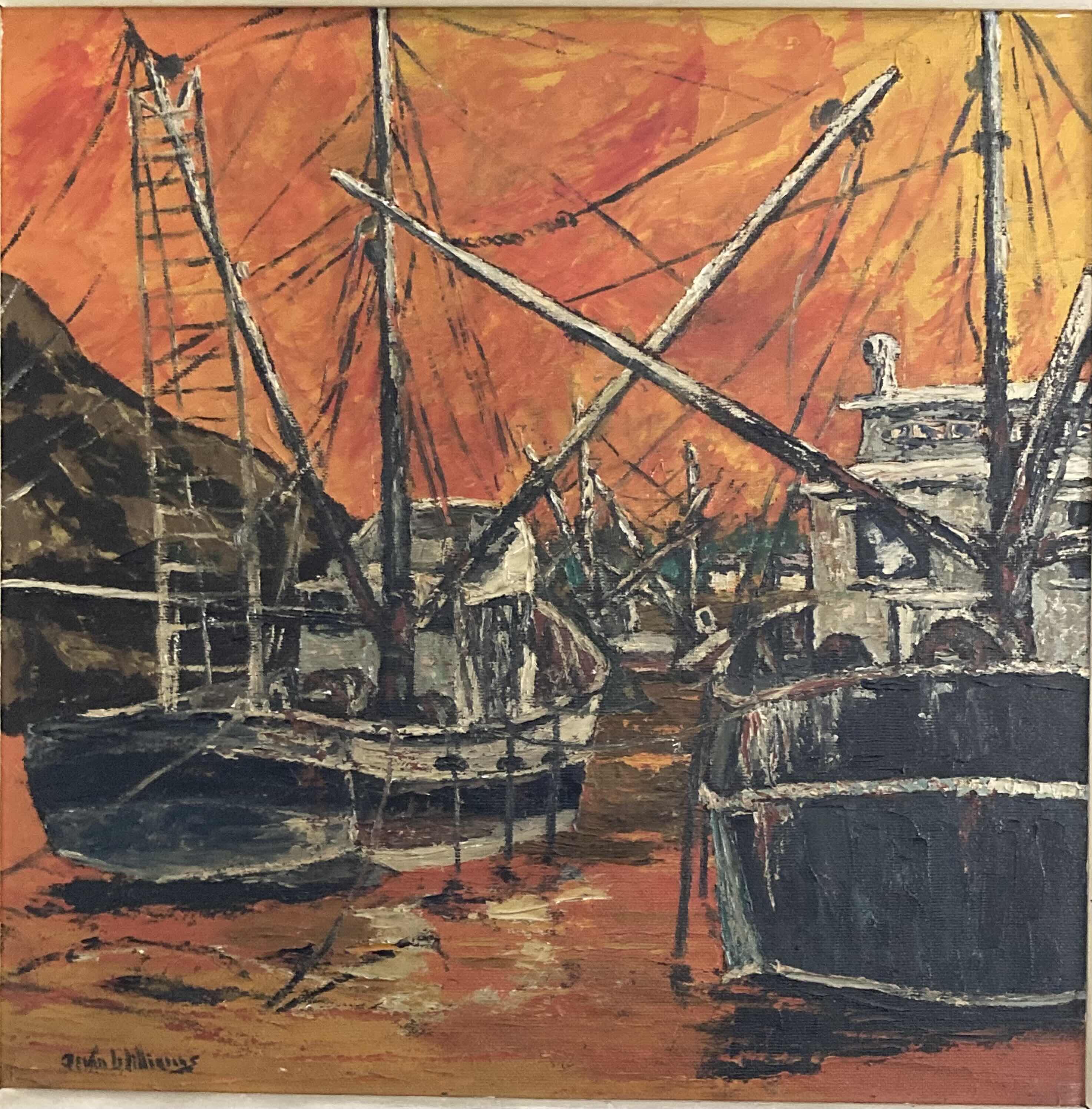 Photo 2 of OLD WORLD SHIPYARD FRAMED CANVAS OIL PAINTING SIGNED BY ARTIST 31.5” X 31.5”