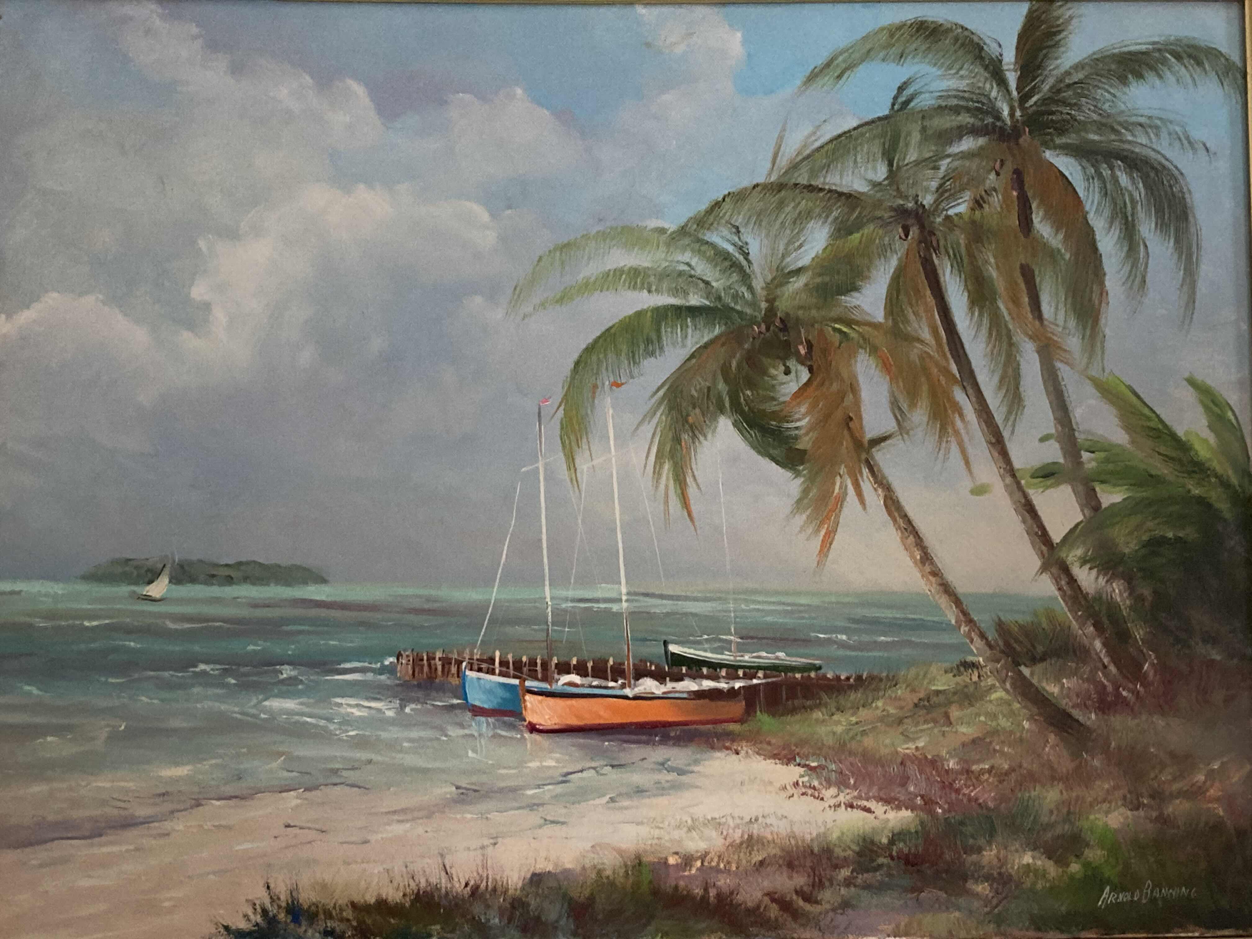 Photo 1 of ALONG THE FLORIDA KEYS FRAMED CANVAS OIL PAINTING SIGNED BY ARNOLD BANNING W BAMBOO STYLE FRAME & COA 27.5” X 21.5”