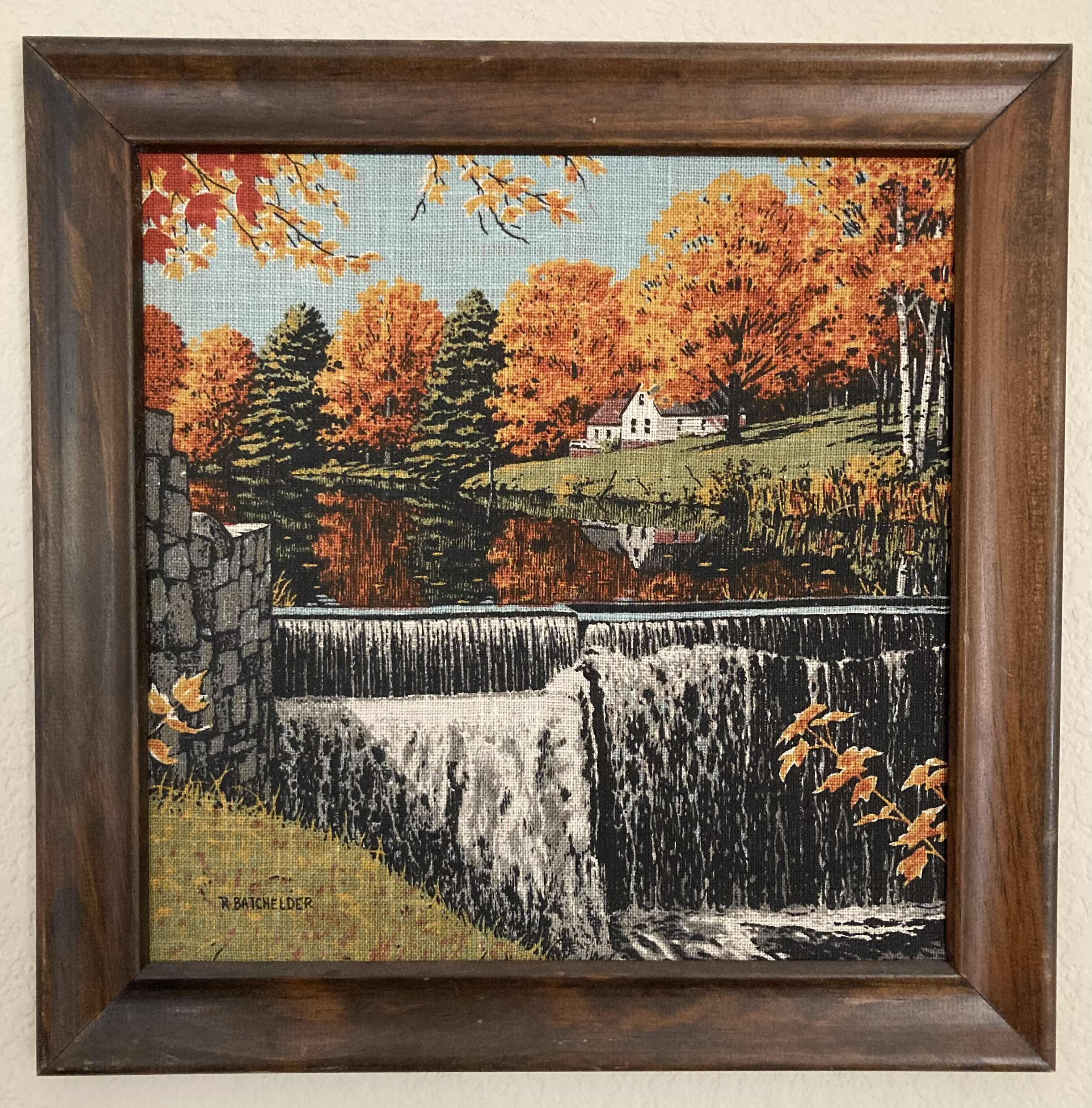Photo 1 of RIVER IN AUTUMN FRAMED STITCH ARTWORK BY R. BATCHELDER 16.25” X 16.25”