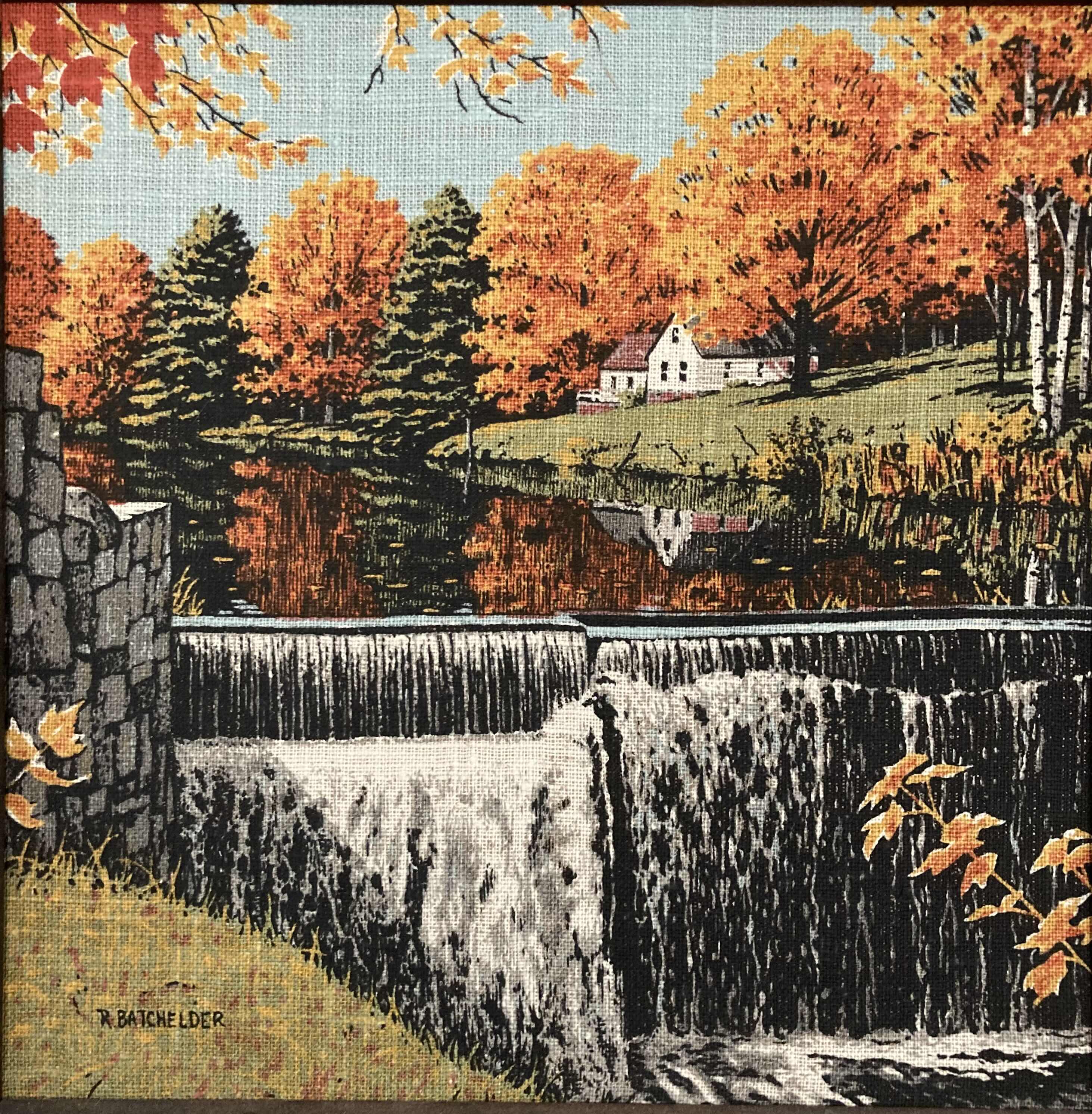 Photo 1 of RIVER IN AUTUMN FRAMED STITCH ARTWORK BY R. BATCHELDER 16.25” X 16.25”