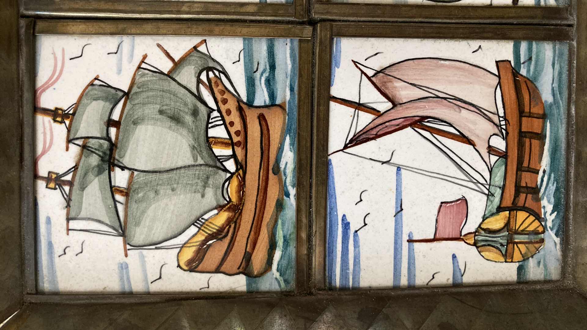 Photo 1 of ANTIQUE OLD WORLD SHIPS PAINTED TILE METAL FRAMED TRAY 10.5” X 7.5” H1”