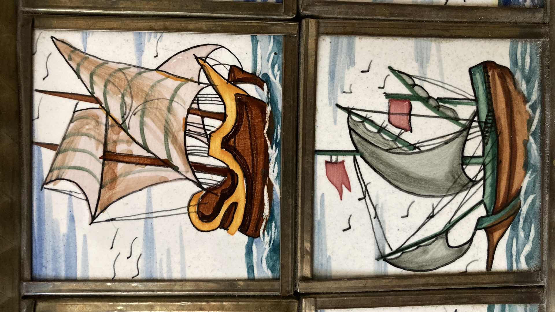 Photo 1 of ANTIQUE OLD WORLD SHIPS PAINTED TILE METAL FRAMED TRAY 10.5” X 7.5” H1”