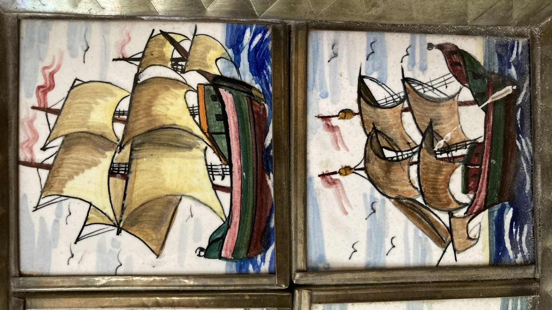 Photo 1 of ANTIQUE OLD WORLD SHIPS PAINTED TILE METAL FRAMED TRAY 10.5” X 7.5” H1”