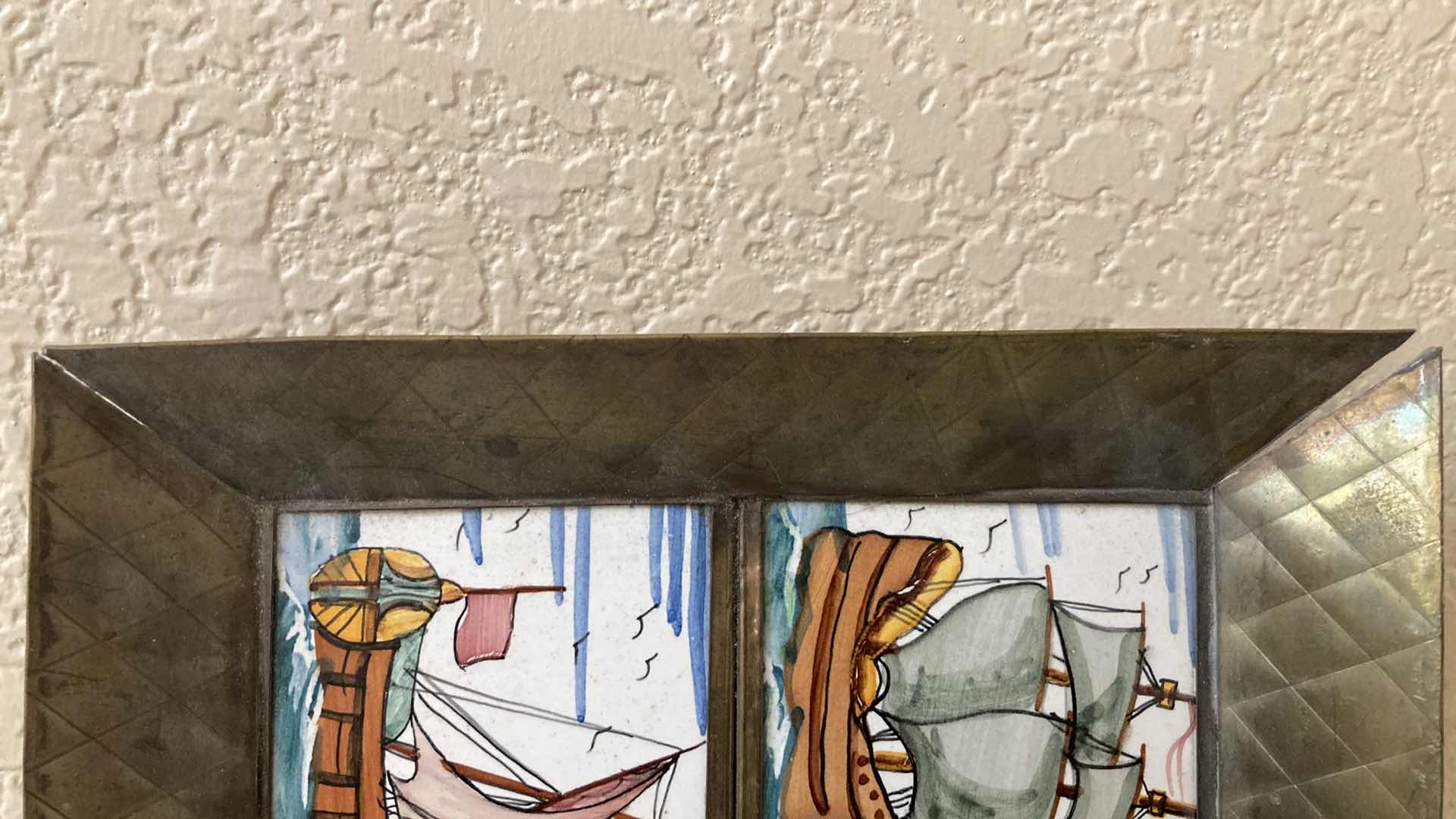 Photo 1 of ANTIQUE OLD WORLD SHIPS PAINTED TILE METAL FRAMED TRAY 10.5” X 7.5” H1”