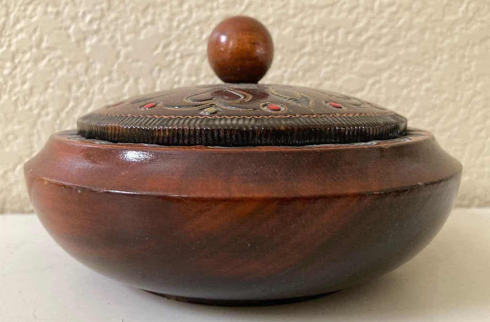 Photo 1 of HAND CARVED WOOD DECORATIVE JAR FROM POLAND 5.5” X 3.5”