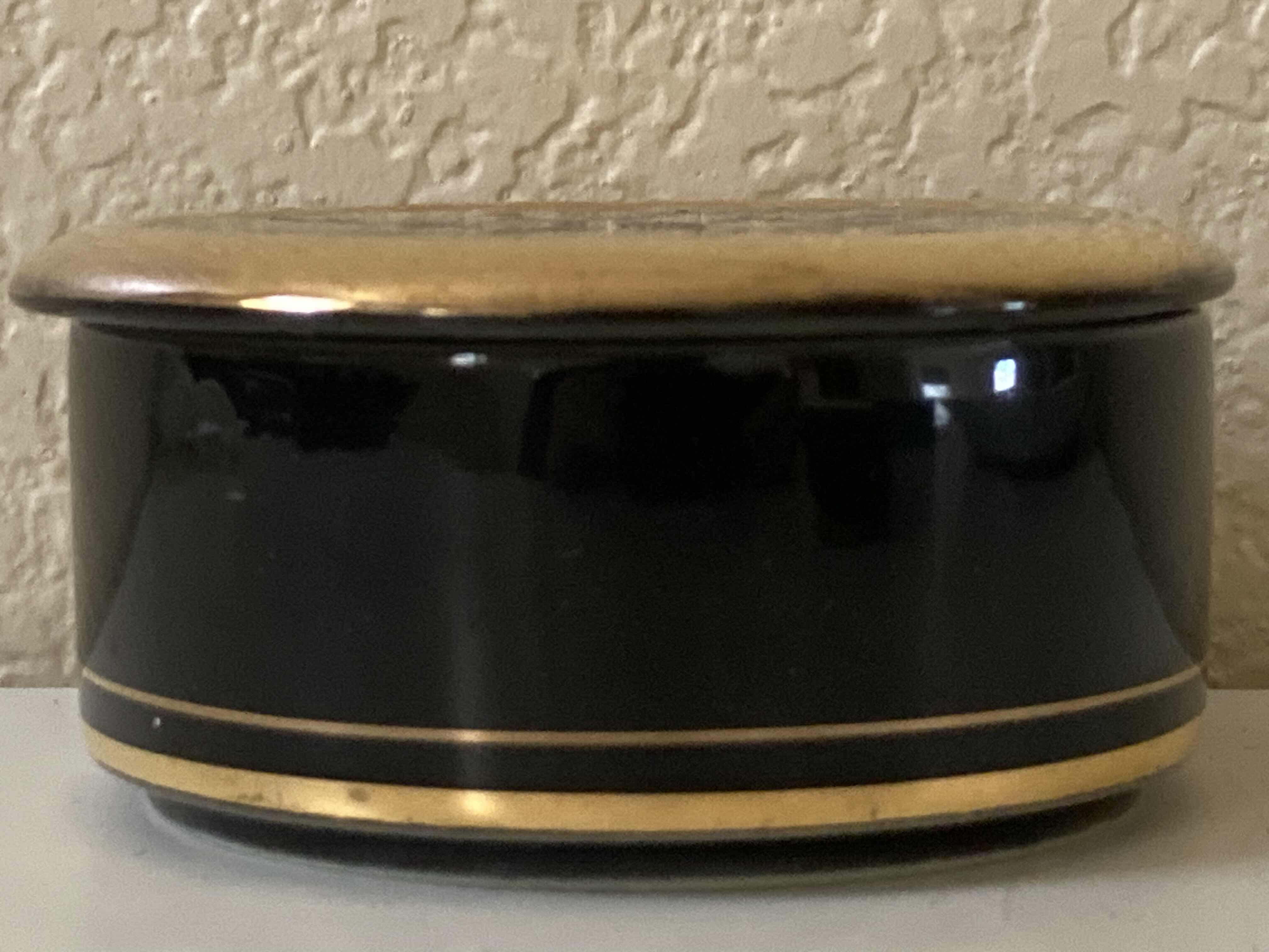 Photo 1 of ART OF CHOKIN PORCELAIN 24K PLATED GOLD TRIM TRINKET JAR MADE IN JAPAN 3.75” X 1.75”