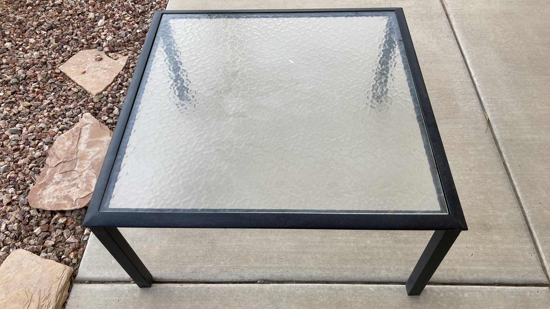 Photo 1 of OUTDOOR AGED ACCENTED BRONZE FINISH PATIO SET- SQUARE BEVELED TEMPERED GLASS TOP TABLE 36” X 36” H17” W 4 CHAIRS 28.25” X 28” H36”