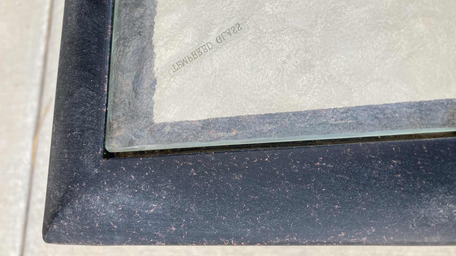 Photo 1 of OUTDOOR AGED ACCENTED BRONZE FINISH PATIO SET- SQUARE BEVELED TEMPERED GLASS TOP TABLE 36” X 36” H17” W 4 CHAIRS 28.25” X 28” H36”