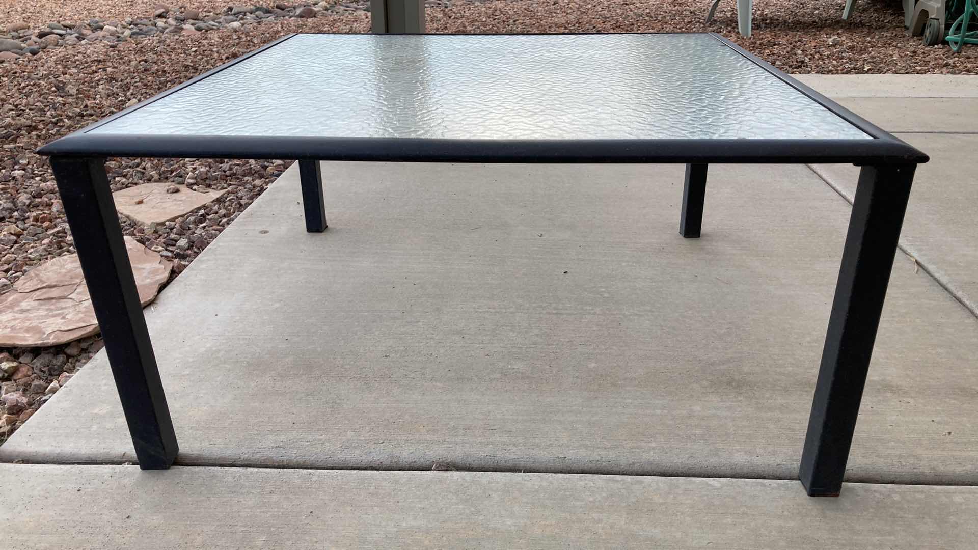 Photo 1 of OUTDOOR AGED ACCENTED BRONZE FINISH PATIO SET- SQUARE BEVELED TEMPERED GLASS TOP TABLE 36” X 36” H17” W 4 CHAIRS 28.25” X 28” H36”