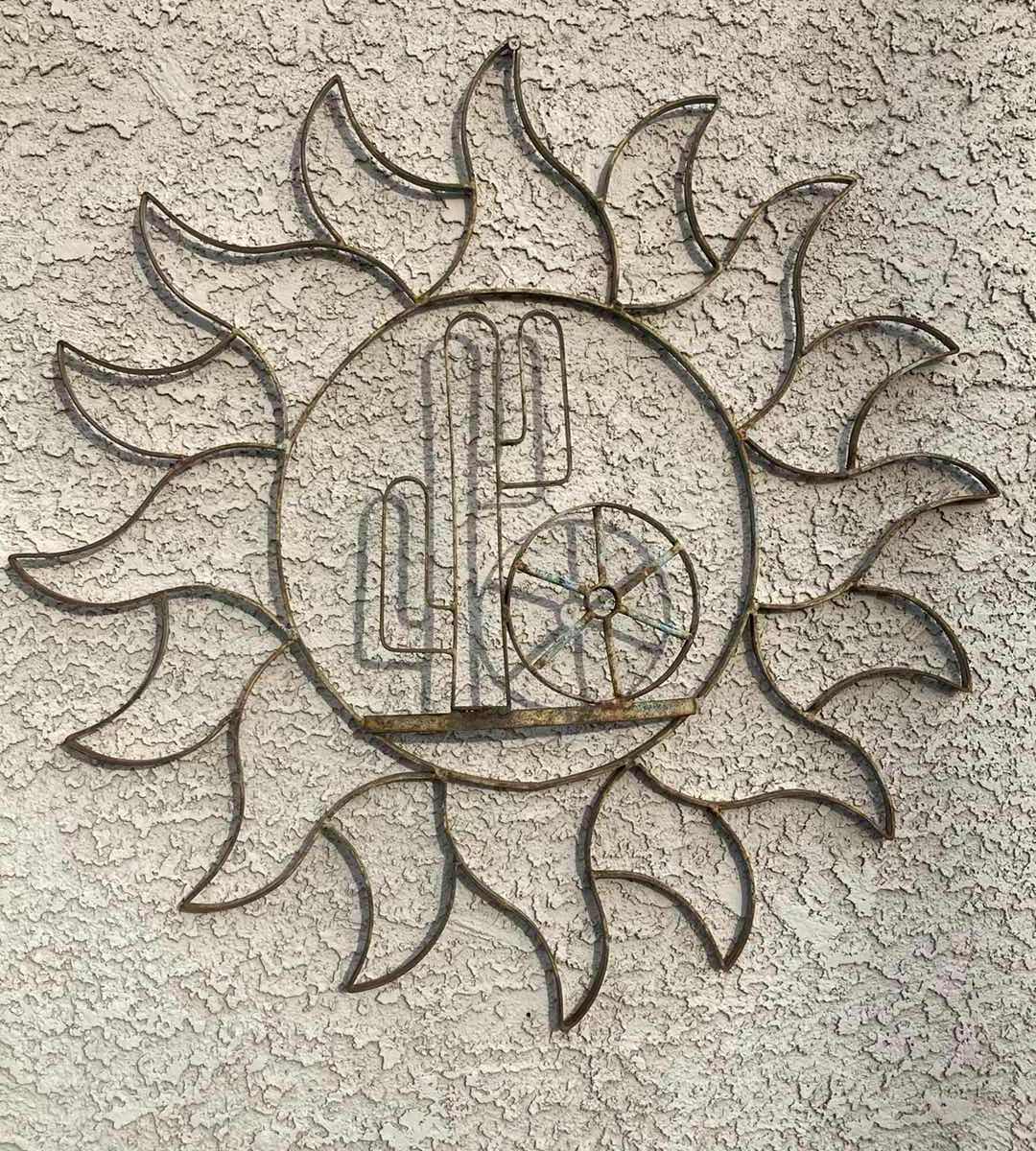 Photo 1 of OUTDOOR CACTUS WAGON WHEEL 2D METAL CRAFTED WALL ART 30”