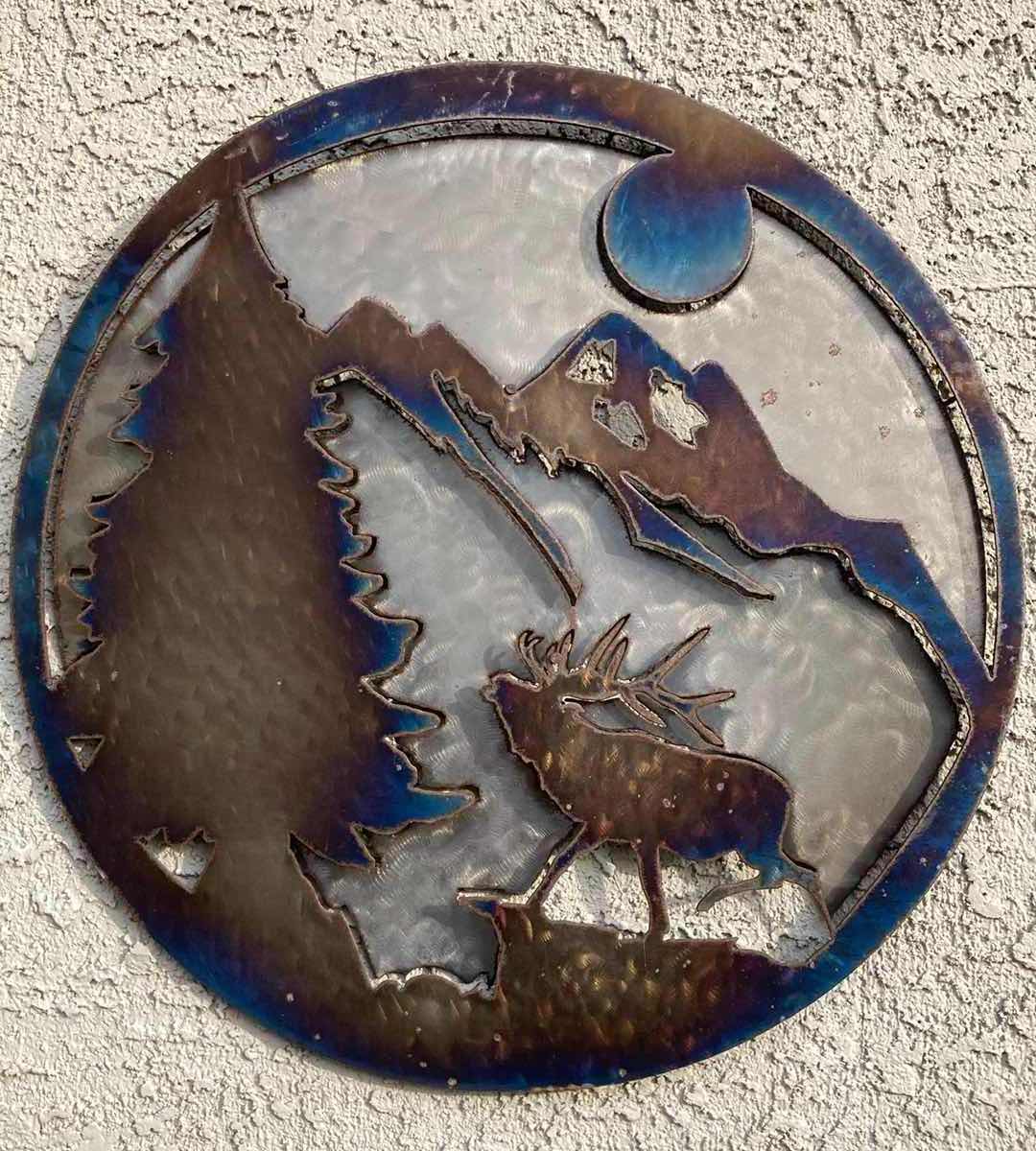 Photo 1 of OUTDOOR ELK UNDER MOONLIGHT METAL CRAFTED 2D WALL ART 23.5”