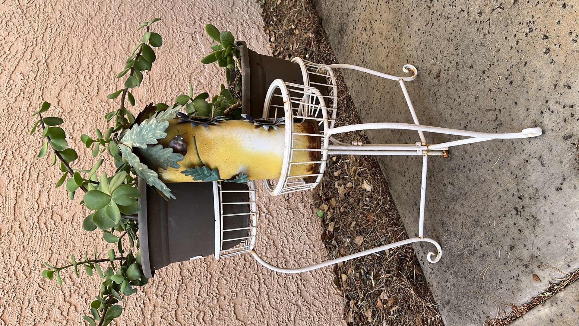Photo 1 of WHITE METAL FINISH 3 TIER PLANTER STAND W REAL PLANTS & TIN BIRD HOUSE 20” X 18 H24”