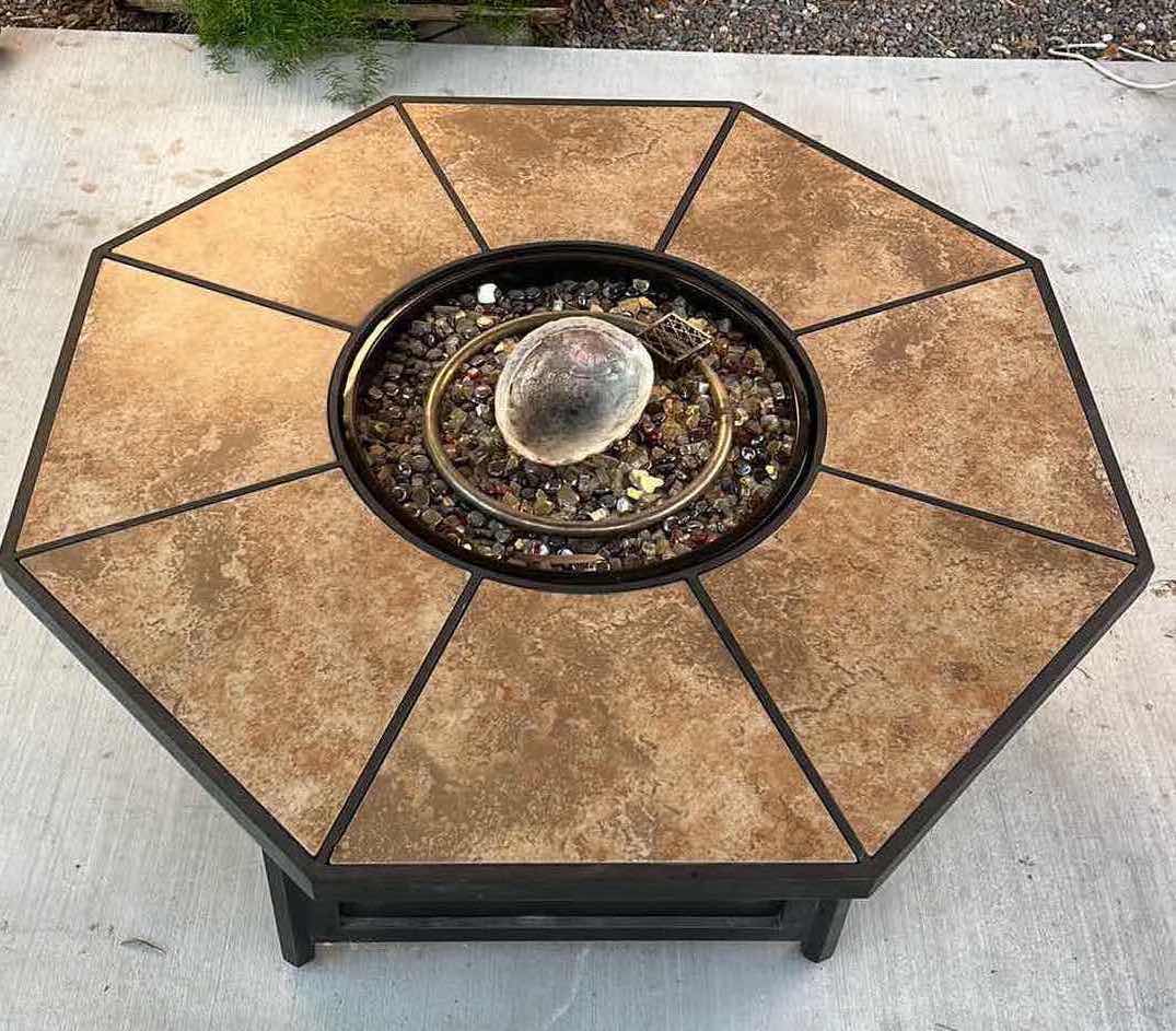 Photo 1 of FOREMOST VERANDA CLASSICS HARMONY OCTAGON TILED PROPANE GAS FIRE PIT MODEL 545GFP W BLUE RHINO 15LB PROPANE TANK 48” X 48” H26” (READ NOTES)