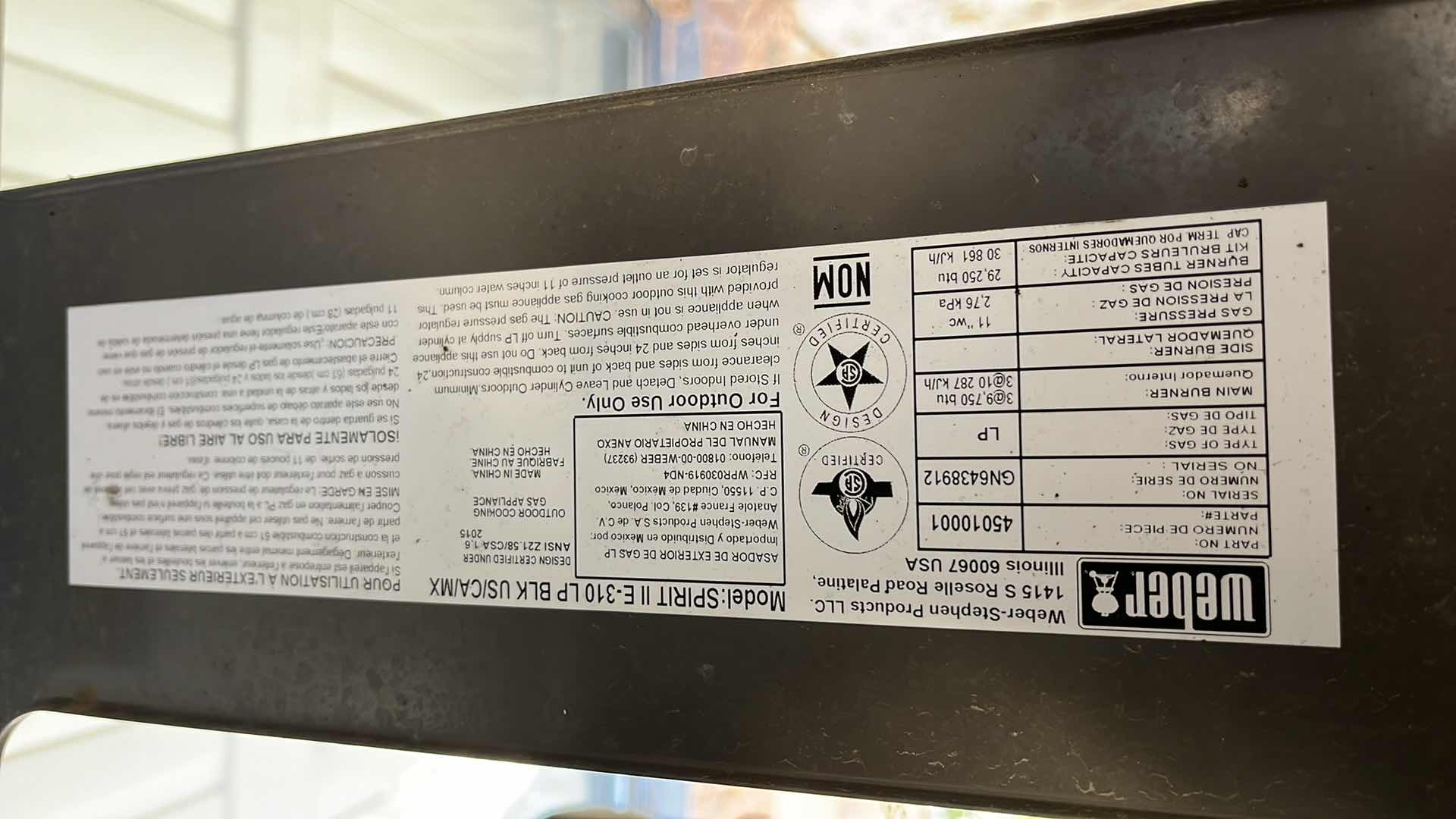 Photo 1 of WEBER IGRILL 3 READY SPIRIT 2 PROPANE BBQ GRILL MODEL SPIRIT II E-310LPBLK W BLUE BLUE RHINO 15LB PROPANE TANK (READ NOTES)