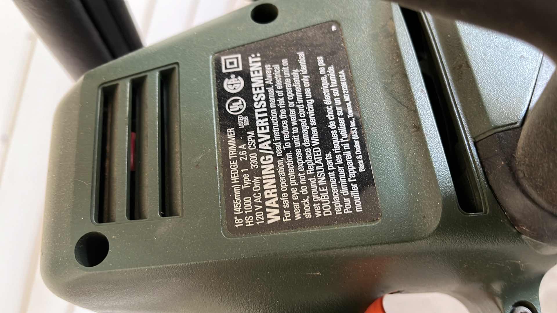 Photo 1 of BLACK & DECKER 18” HEDGEHOG ELECTRIC POWERED HEDGE TRIMMER MODEL HS 1000 TYPE 1