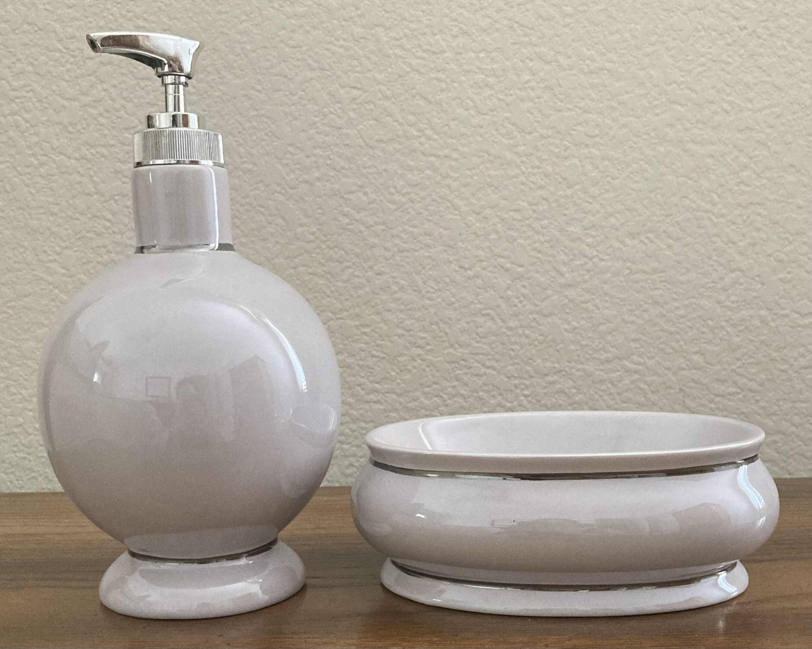 Photo 1 of PEARLESSENCE LILAC CERAMIC BATHROOM SET (WASTE BASKET, TISSUE HOLDER, SOAP HOLDER & DISPENSER)