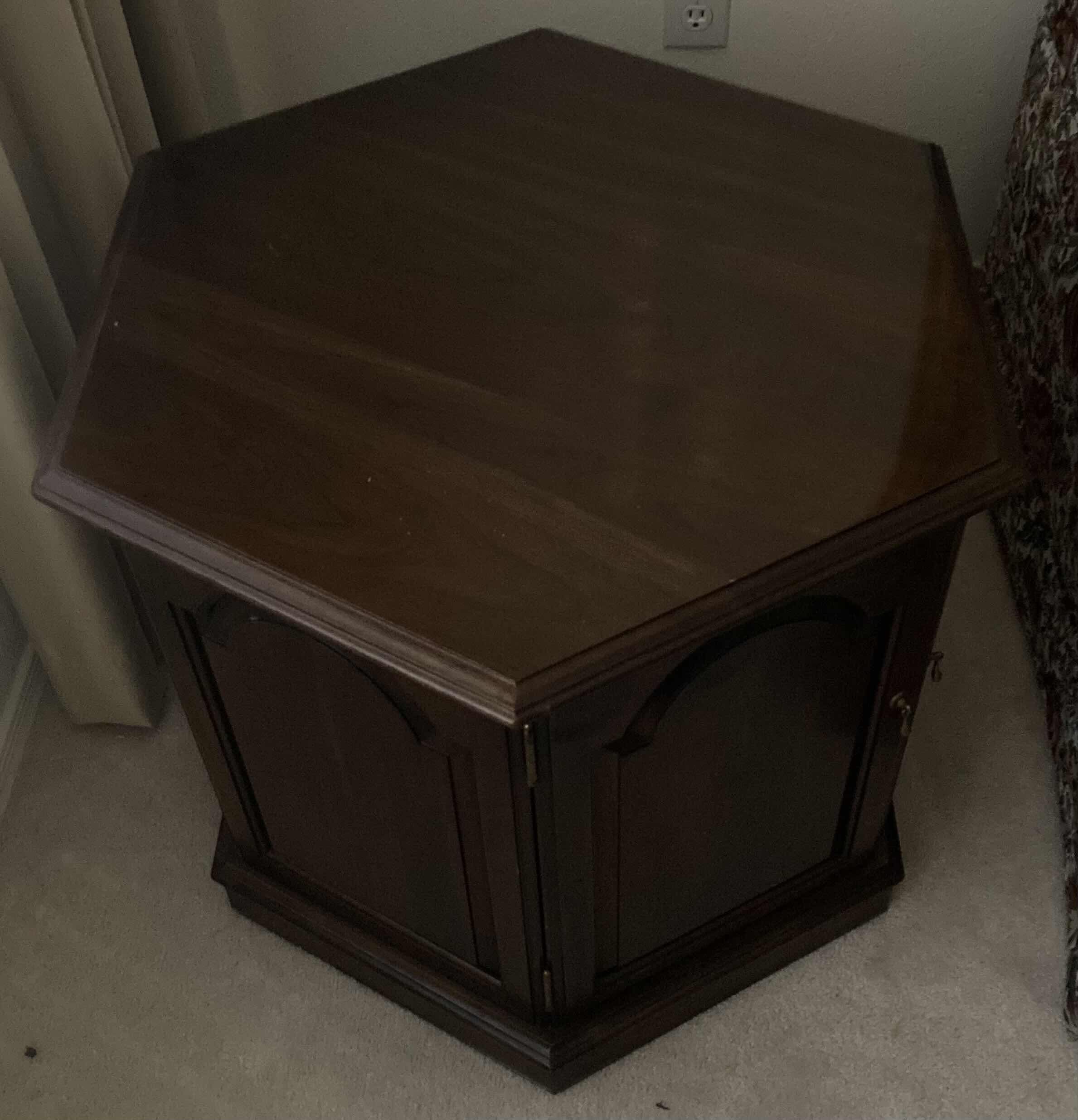 Photo 1 of ETHAN ALLEN CHERRY FINISH WOOD HEXAGONAL SIDE TABLE W CABINET 24” X 24” H22”
