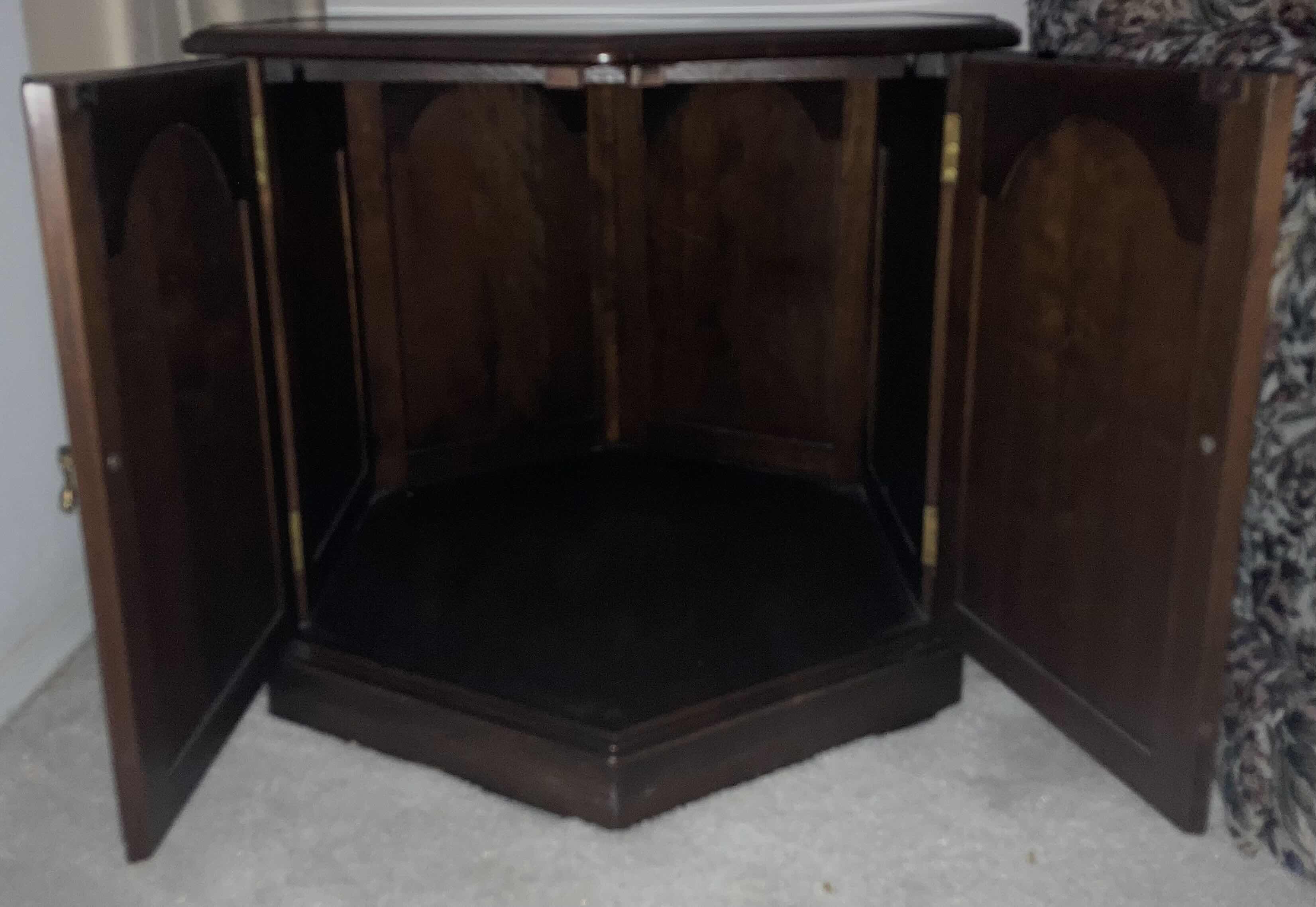 Photo 1 of ETHAN ALLEN CHERRY FINISH WOOD HEXAGONAL SIDE TABLE W CABINET 24” X 24” H22”