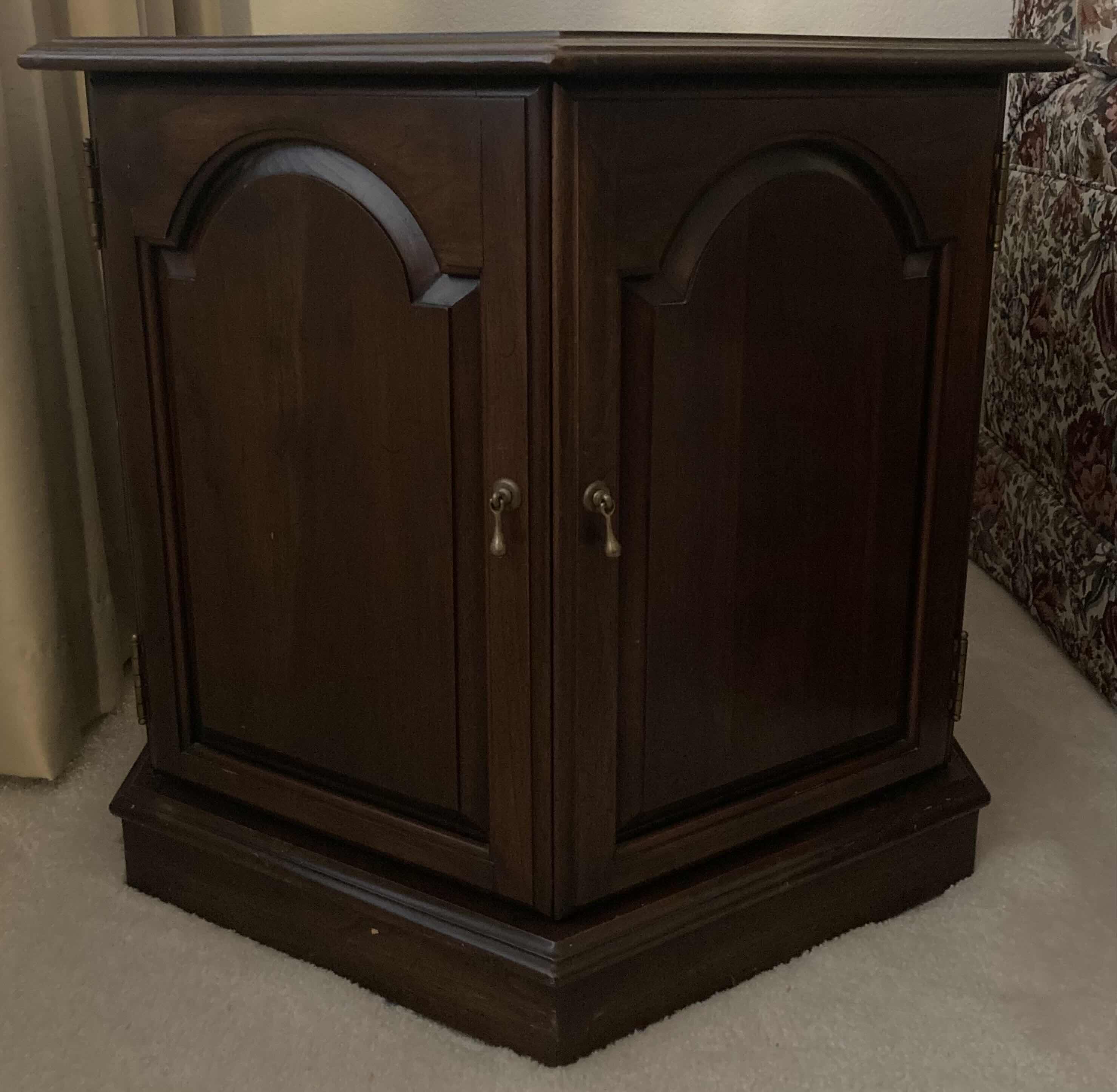 Photo 1 of ETHAN ALLEN CHERRY FINISH WOOD HEXAGONAL SIDE TABLE W CABINET 24” X 24” H22”