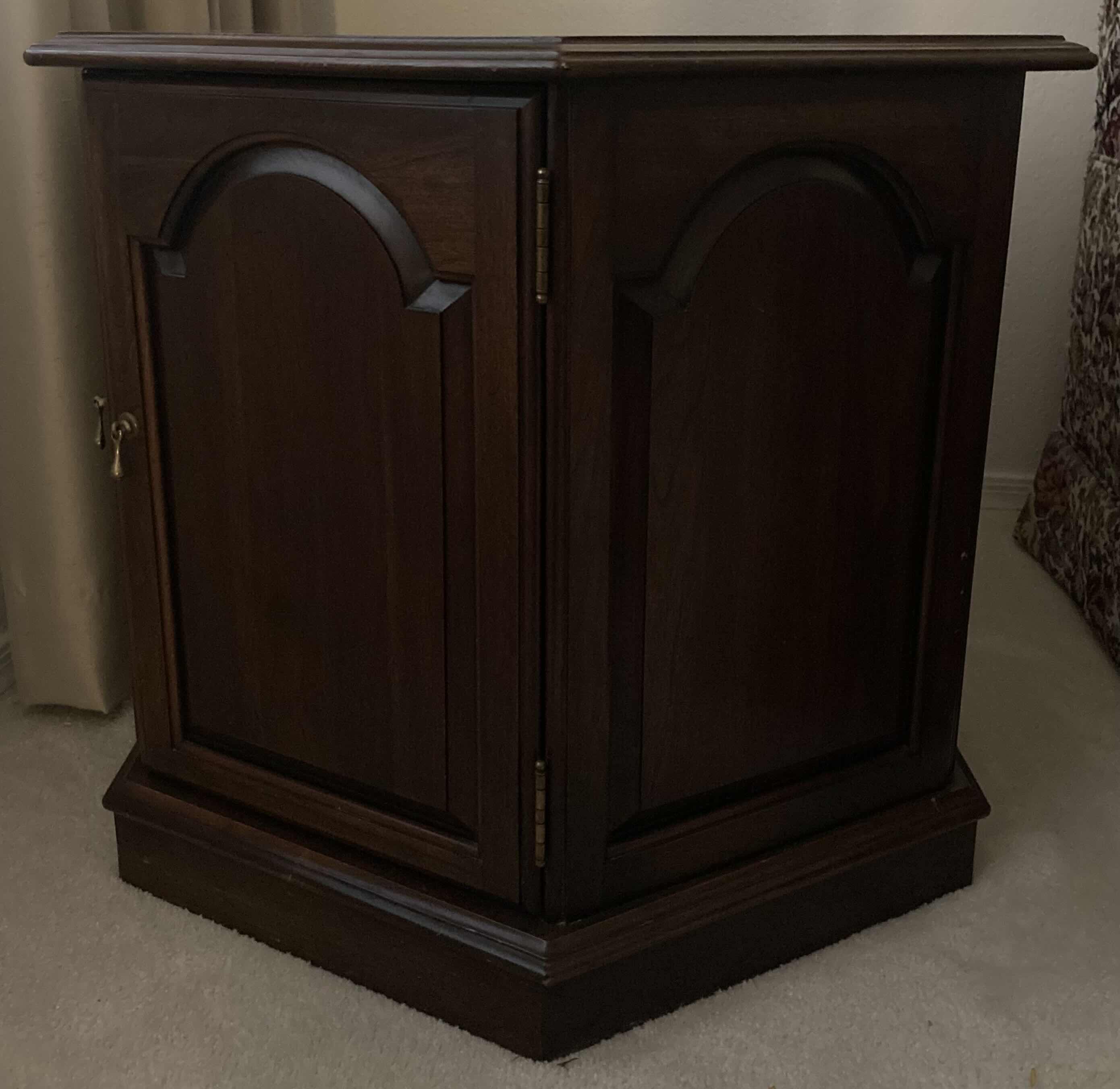 Photo 1 of ETHAN ALLEN CHERRY FINISH WOOD HEXAGONAL SIDE TABLE W CABINET 24” X 24” H22”