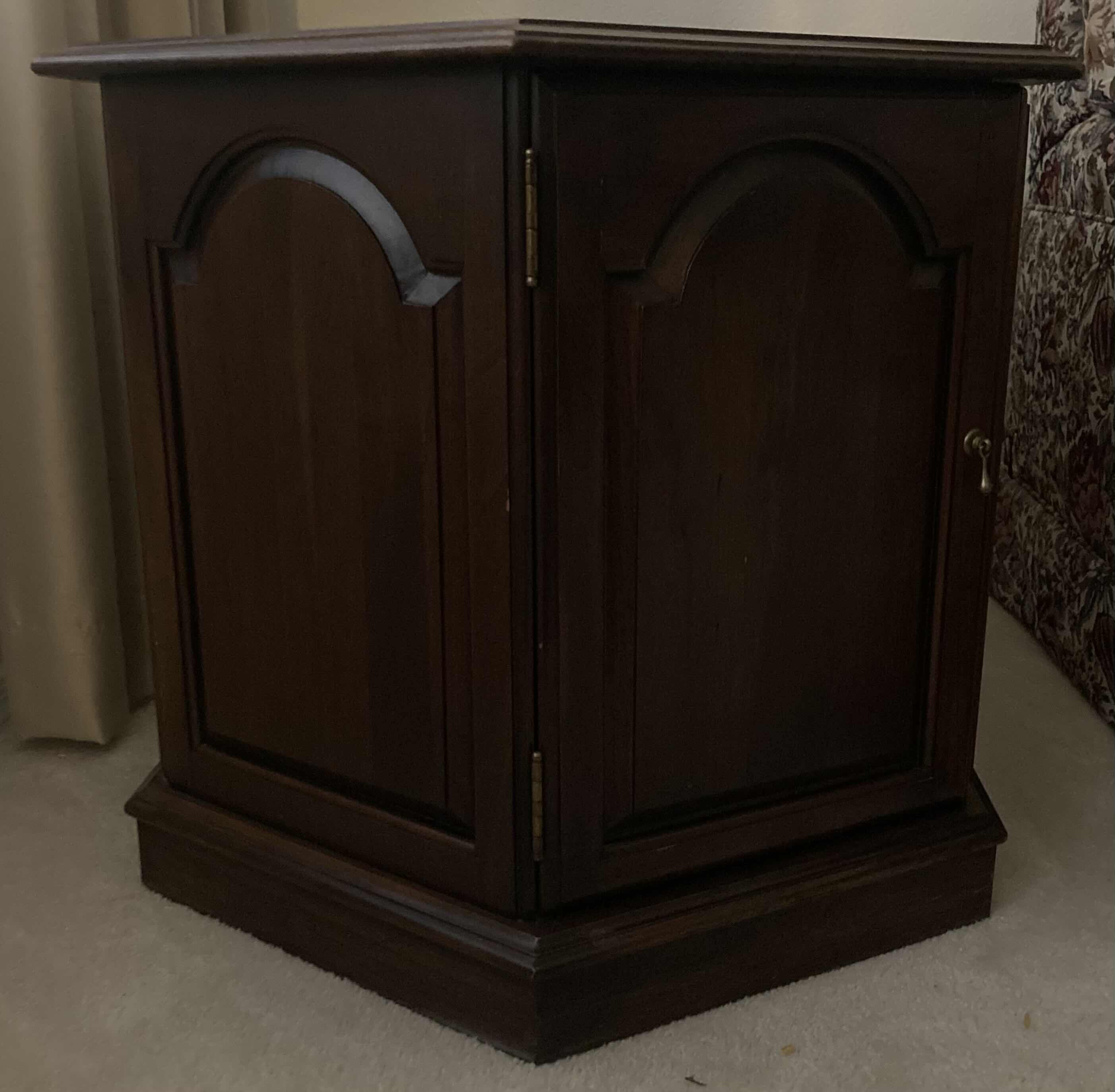 Photo 1 of ETHAN ALLEN CHERRY FINISH WOOD HEXAGONAL SIDE TABLE W CABINET 24” X 24” H22”