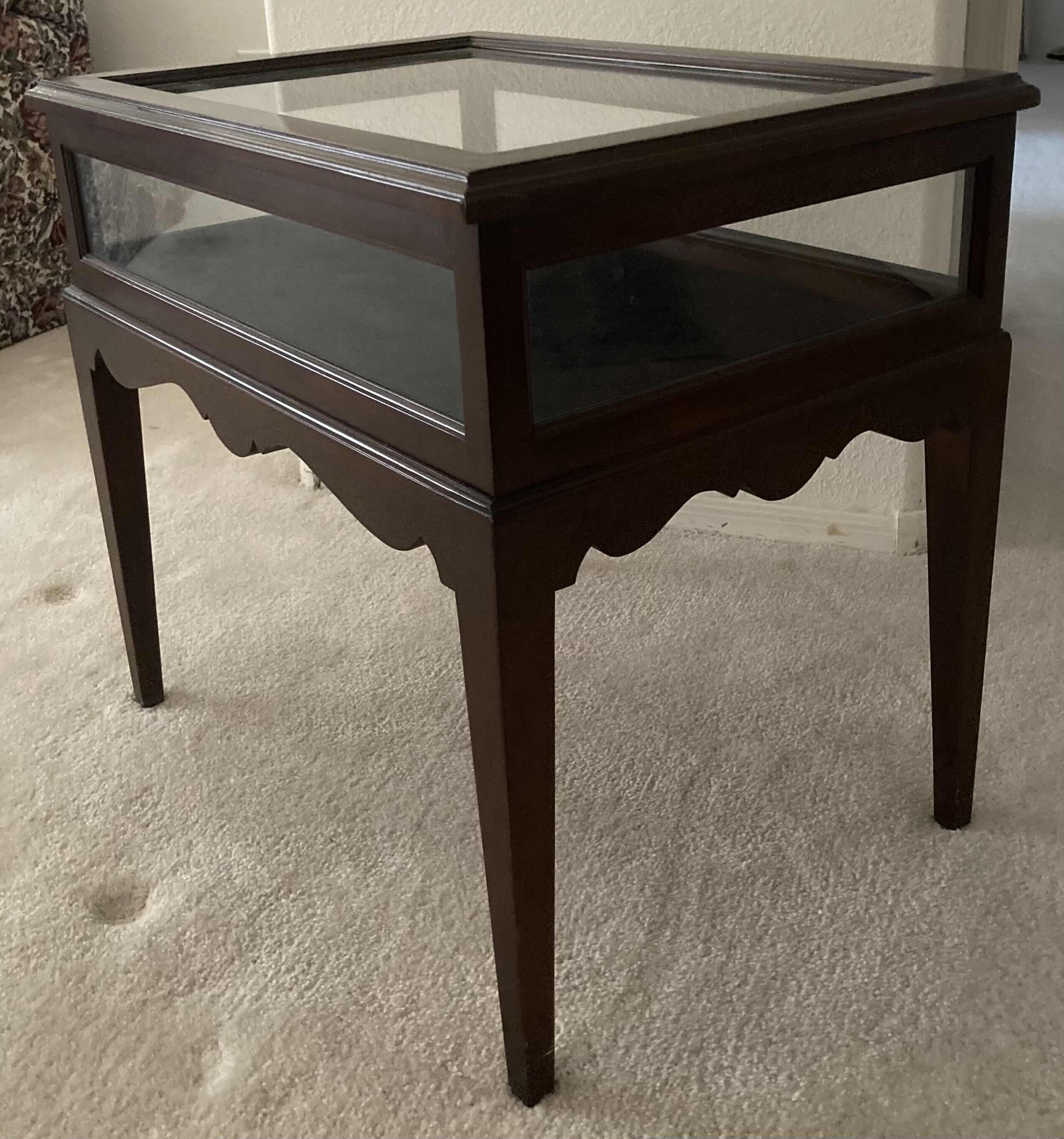 Photo 1 of BOMBAY CHERRY WOOD FINISH FRAMED GLASS DISPLAY TABLE 24” X 17” H22”