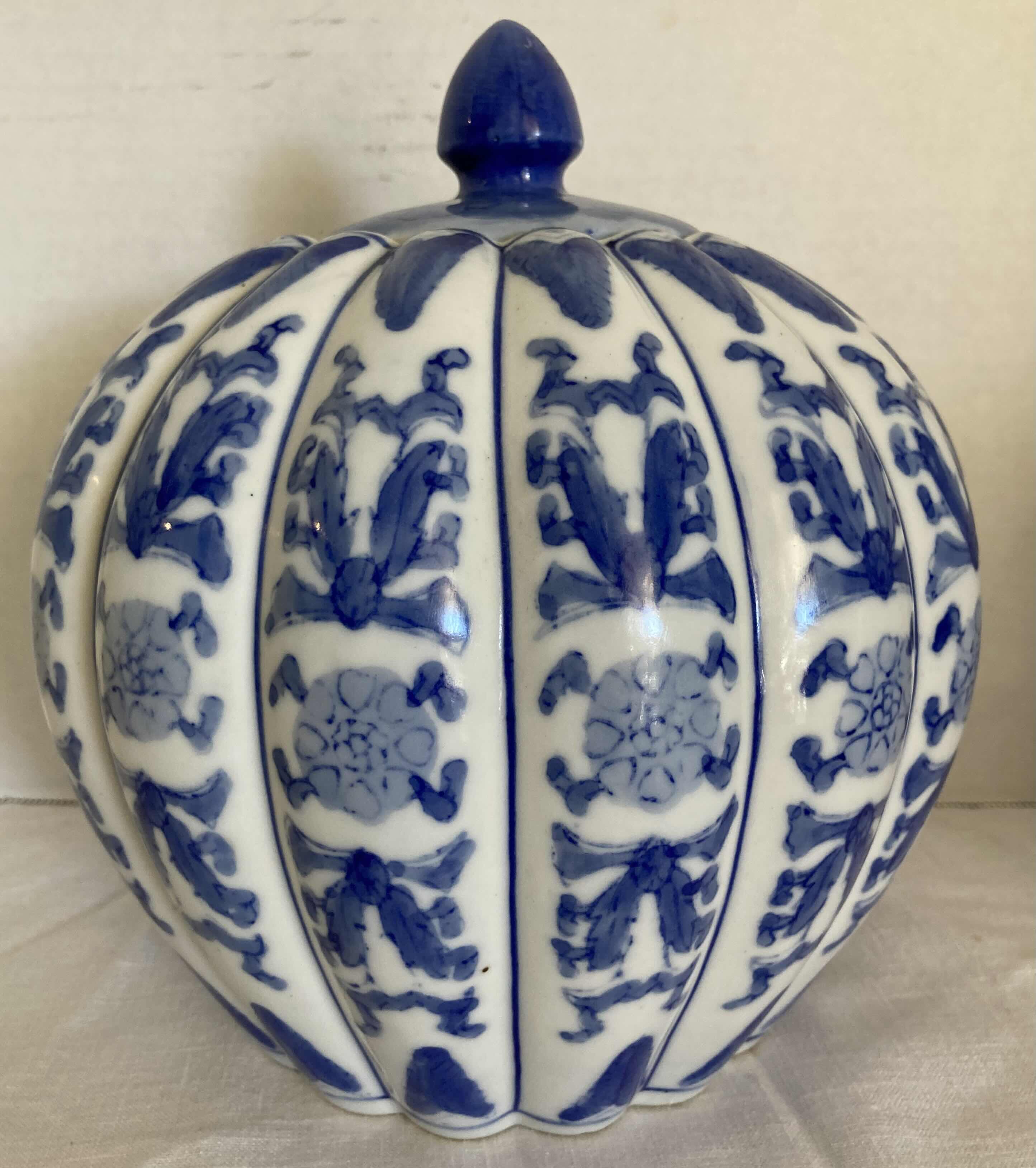 Photo 1 of BLUE & WHITE PORCELAIN CHINOISERIE CANISTER & PUMPKIN SHAPED GINGER JAR H8.5”