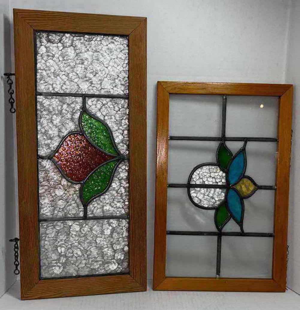 View 1 of 2 PCS HANGING FRAMED STAINED GLASS PANES (18.25” X 11.75” & 23.5” X 10.25”)