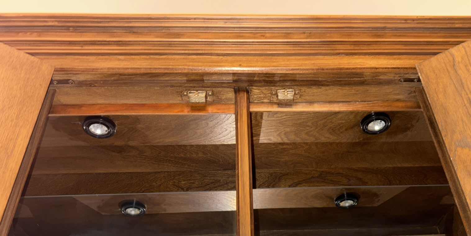 Photo 1 of VINTAGE 2 PC HUTCH CABINET W GLASS SHELVING & INTERIOR LIGHTING 18” X 56” H76”