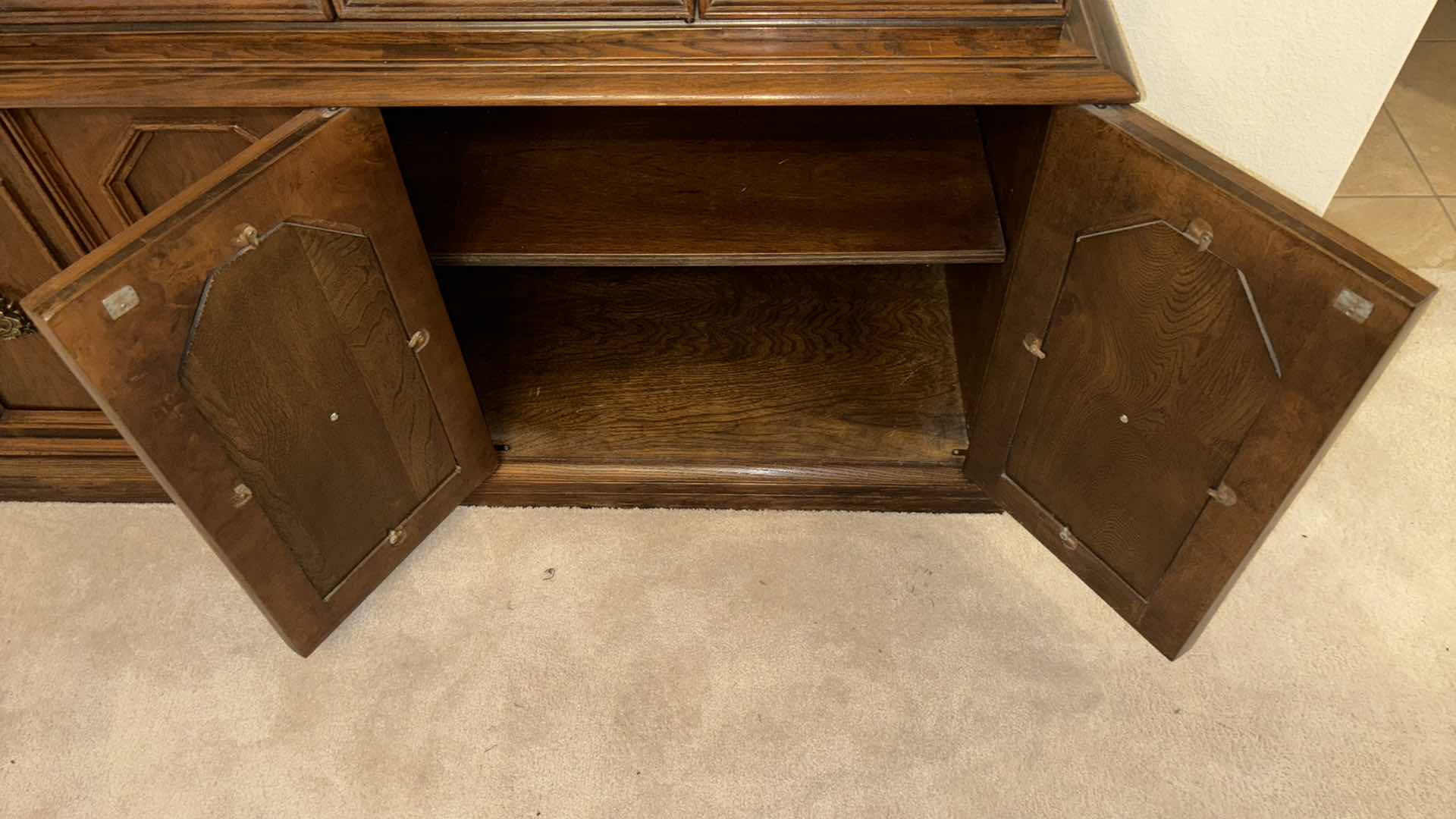 Photo 1 of VINTAGE 2 PC HUTCH CABINET W GLASS SHELVING & INTERIOR LIGHTING 18” X 56” H76”