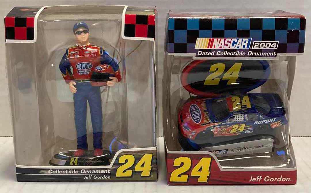 Photo 1 of NASCAR JEFF GORDON #24 COLLECTABLE PIT CREW CHRISTMAS THEMED TABLE TOP & 2 COLLECTABLE ORNAMENTS